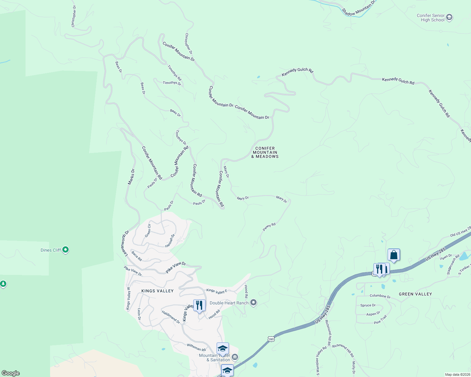map of restaurants, bars, coffee shops, grocery stores, and more near 30323 Marys Lane in Conifer