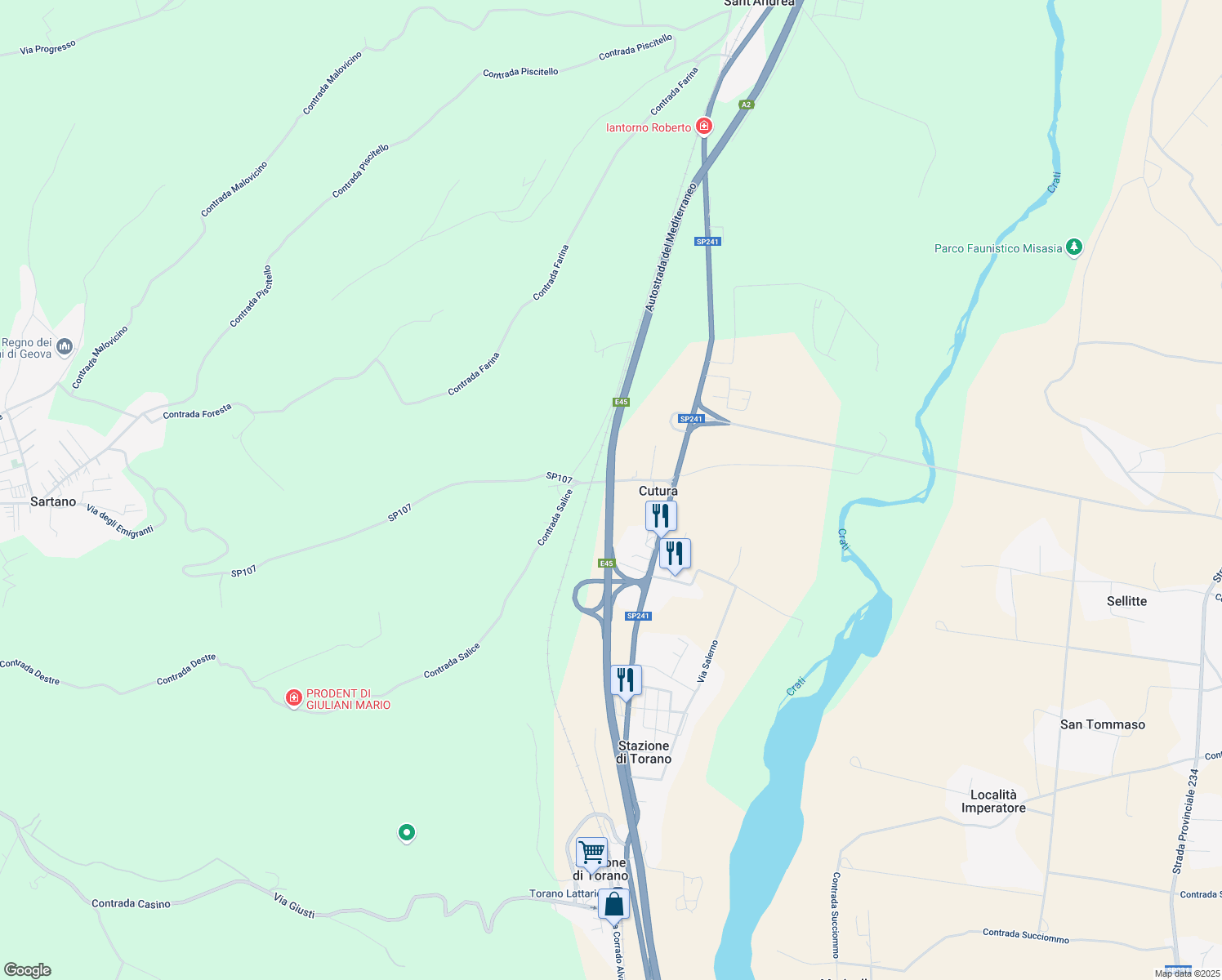 map of restaurants, bars, coffee shops, grocery stores, and more near Autostrada del Mediterraneo in Cutura