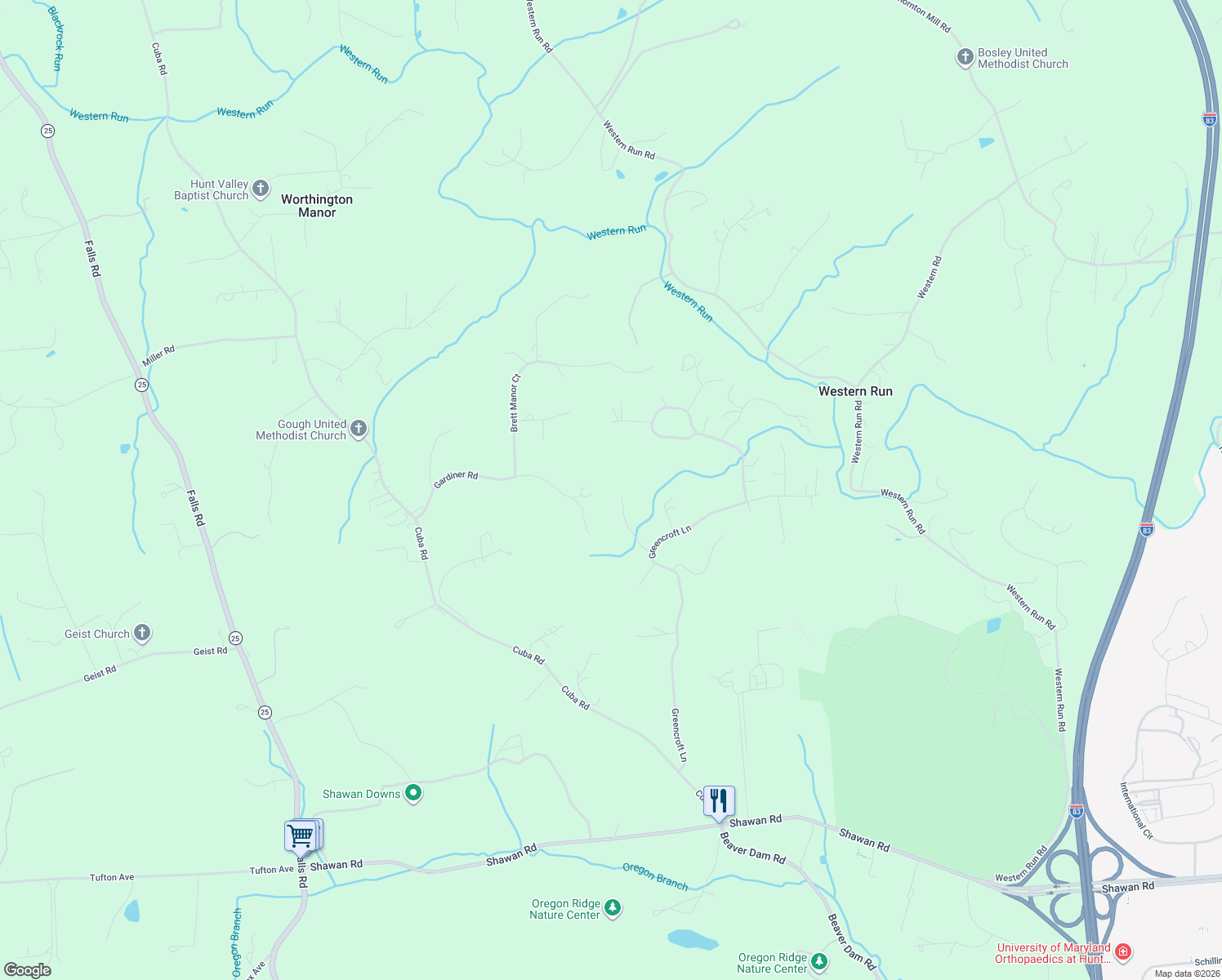 map of restaurants, bars, coffee shops, grocery stores, and more near 6 Beechmere Lane in Cockeysville