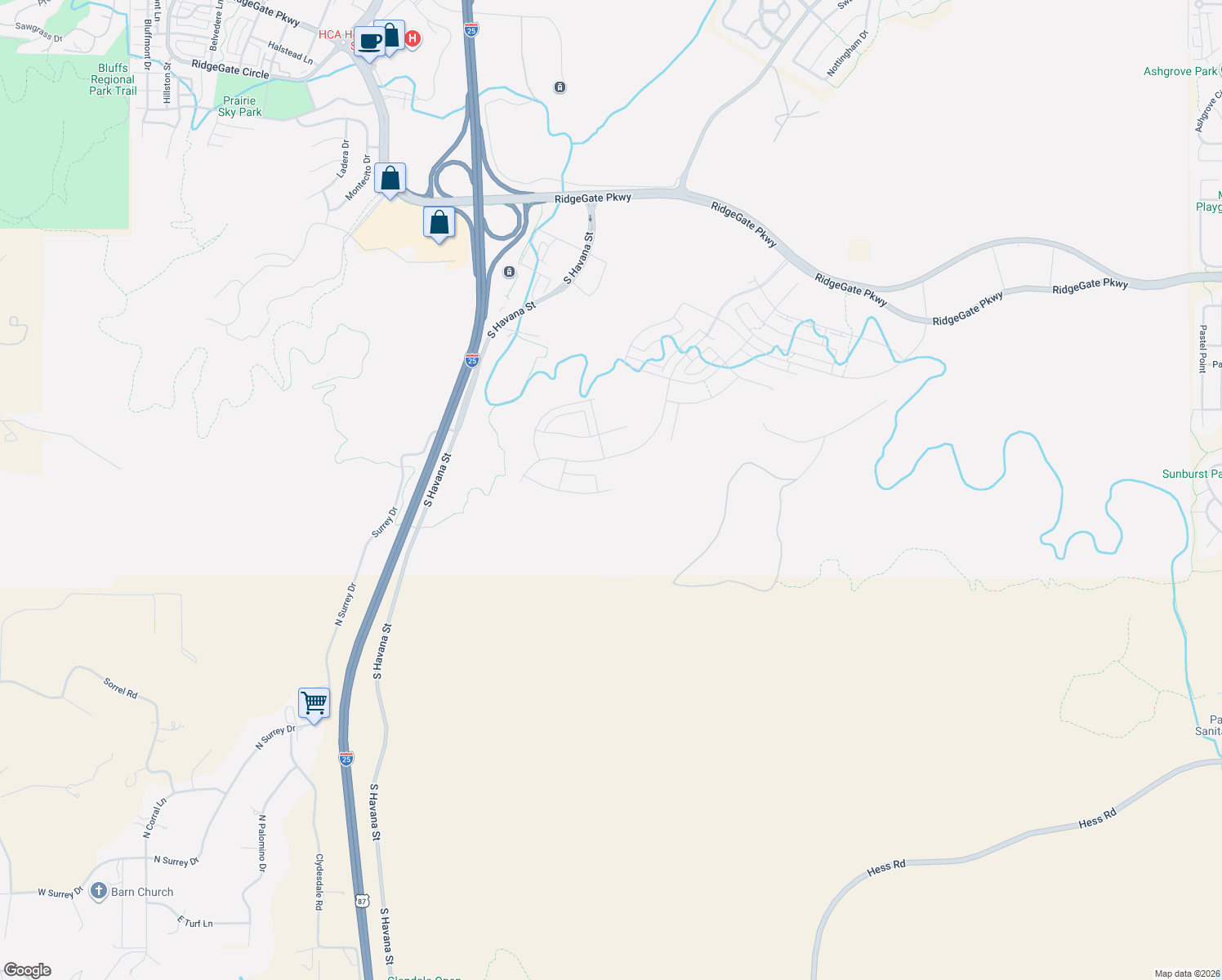 map of restaurants, bars, coffee shops, grocery stores, and more near 11180 Tenor Trail in Parker