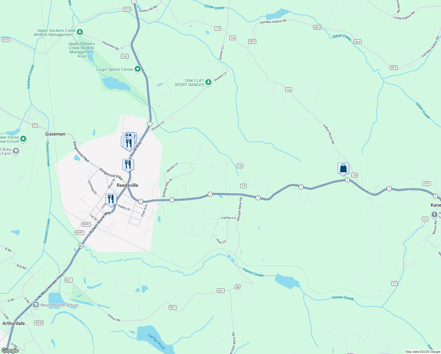 map of restaurants, bars, coffee shops, grocery stores, and more near 44 Sunset Dr in Reedsville