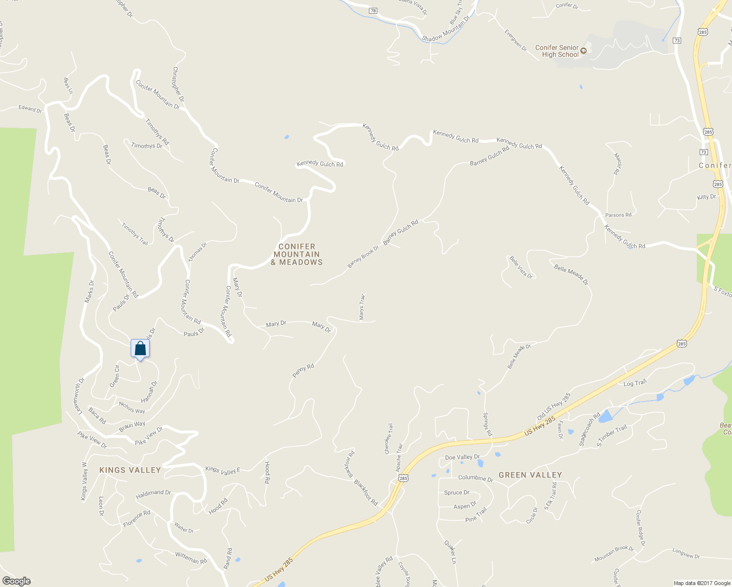 map of restaurants, bars, coffee shops, grocery stores, and more near 11300 Marys Trail in Conifer
