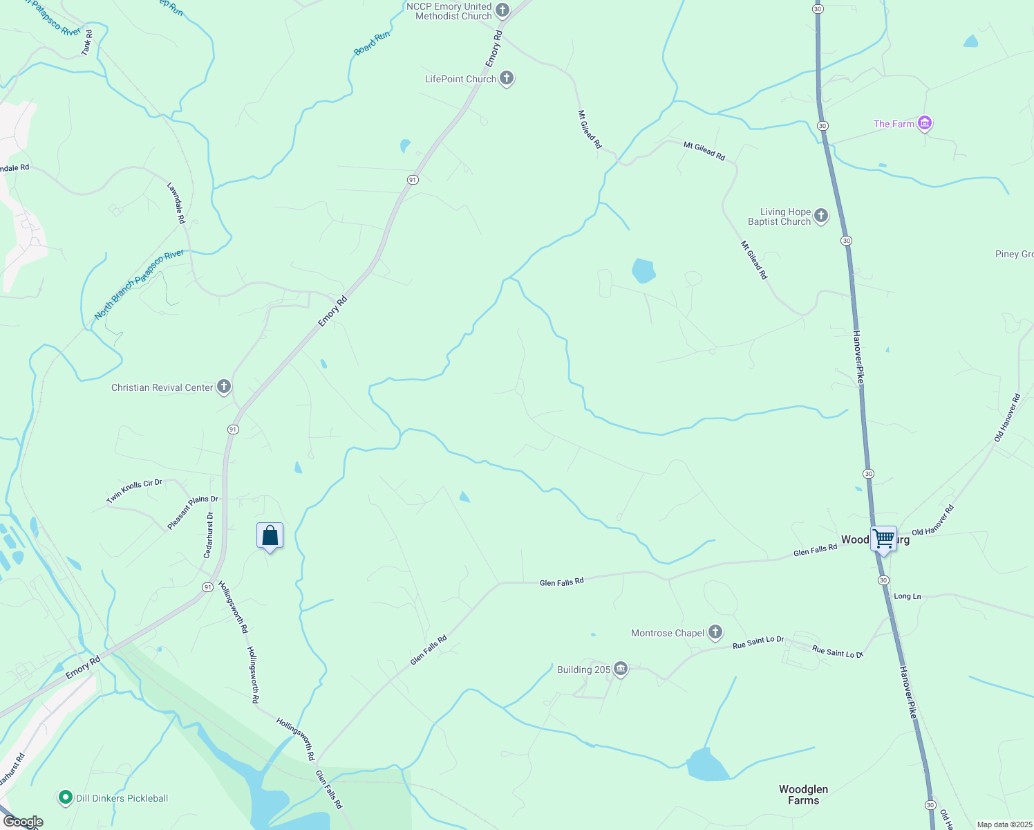map of restaurants, bars, coffee shops, grocery stores, and more near 14030 Woodens Lane in Reisterstown