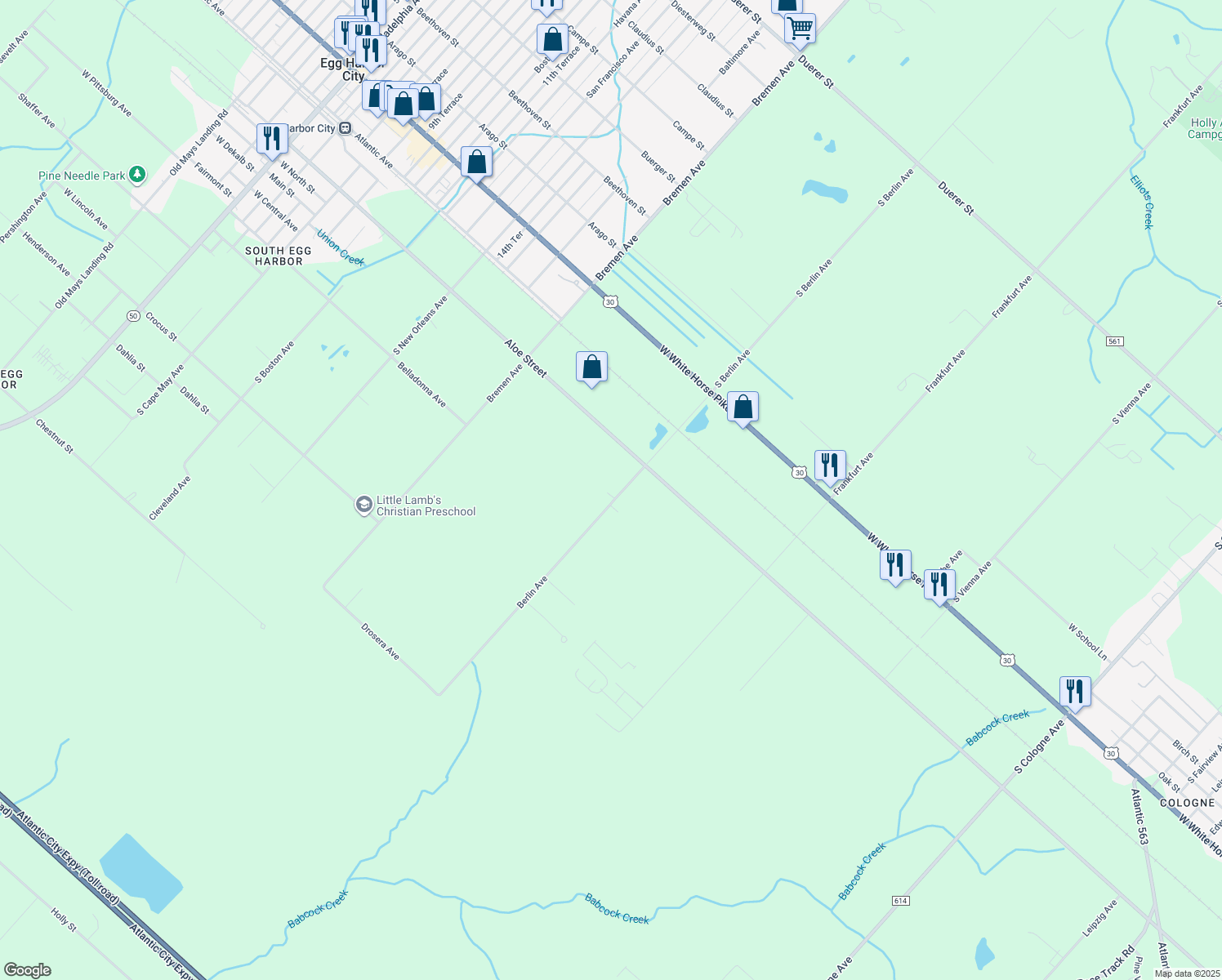 map of restaurants, bars, coffee shops, grocery stores, and more near 509 Berlin Avenue in Galloway