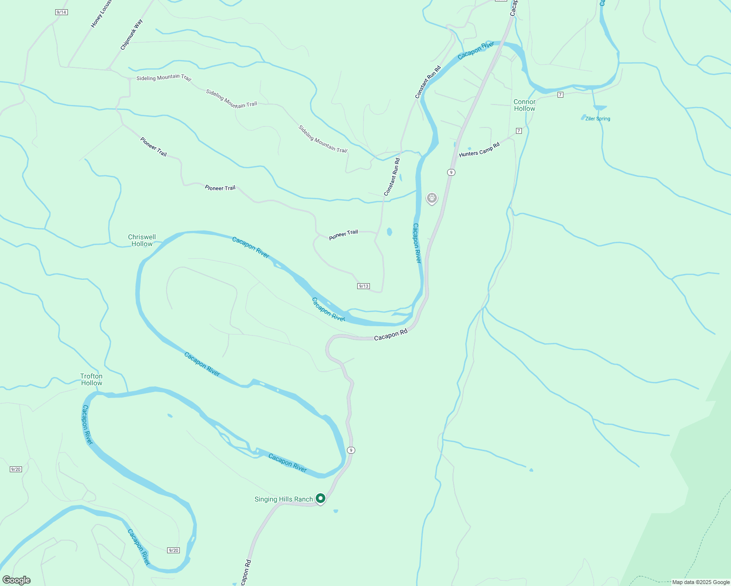 map of restaurants, bars, coffee shops, grocery stores, and more near 1807 Constant Run Road in Great Cacapon
