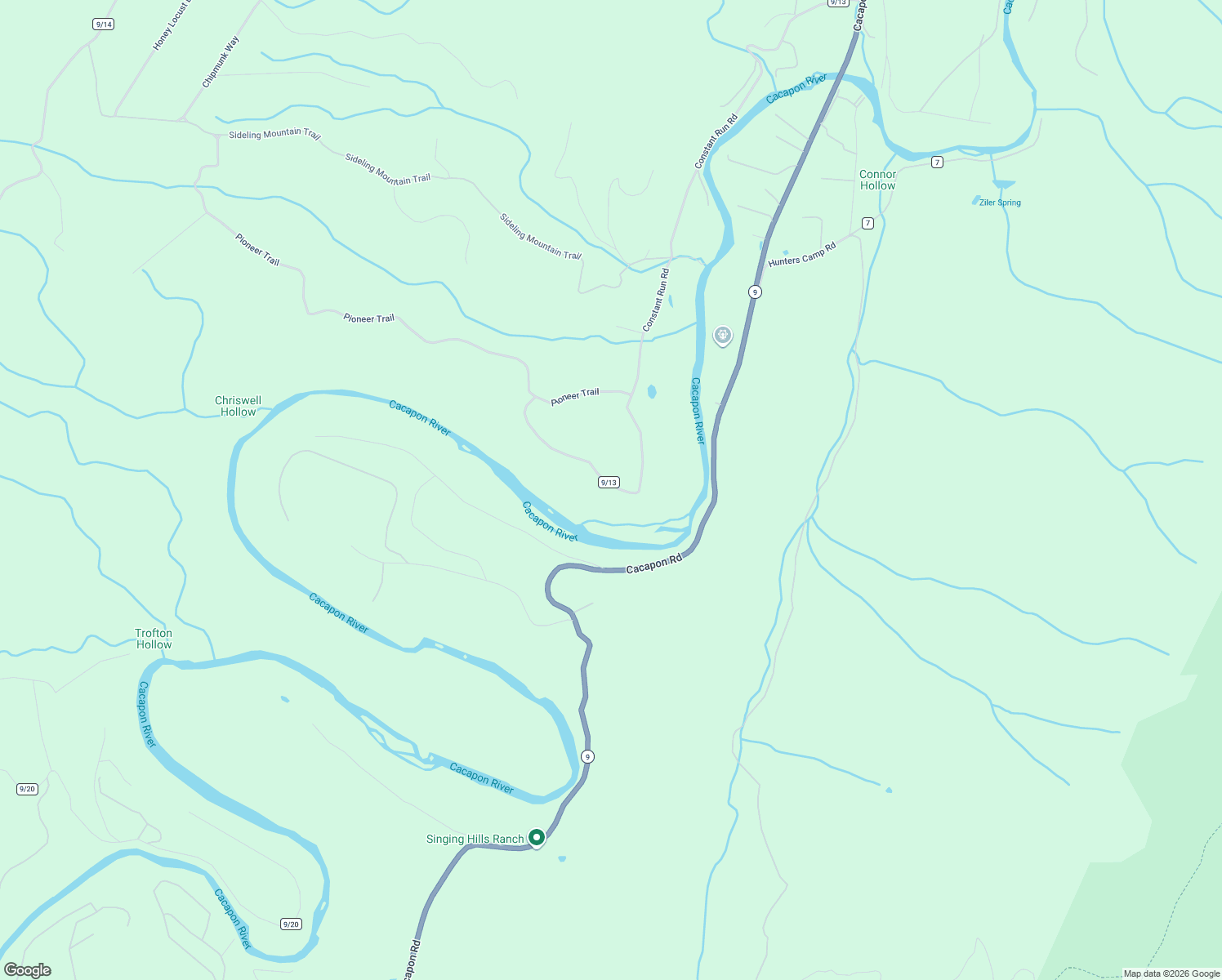 map of restaurants, bars, coffee shops, grocery stores, and more near 1807 Constant Run Road in Great Cacapon