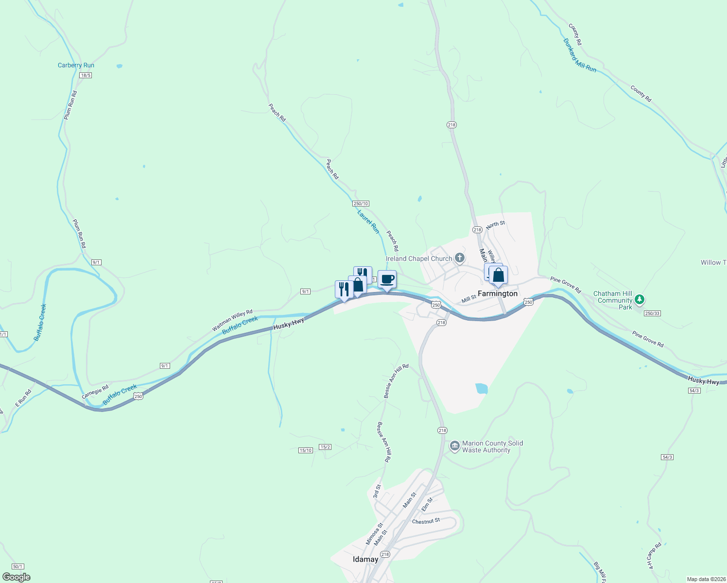 map of restaurants, bars, coffee shops, grocery stores, and more near 3300 Husky Highway in Fairmont