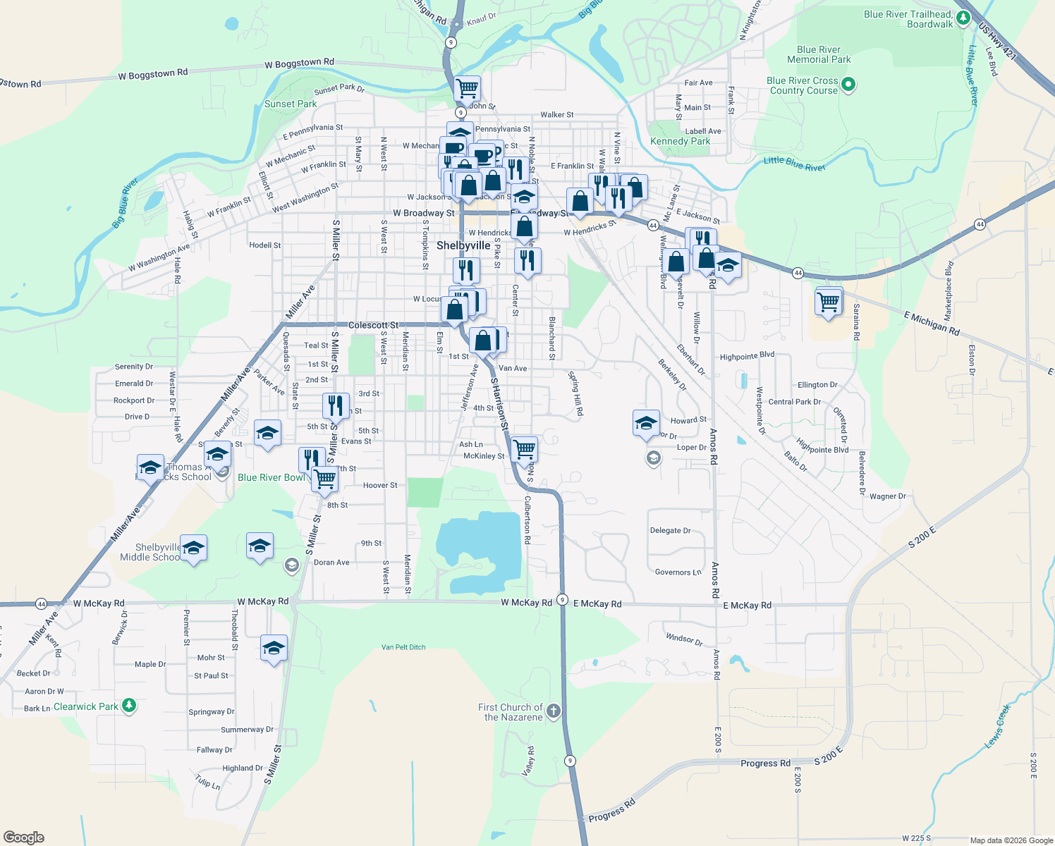 map of restaurants, bars, coffee shops, grocery stores, and more near 1123 South Noble Street in Shelbyville