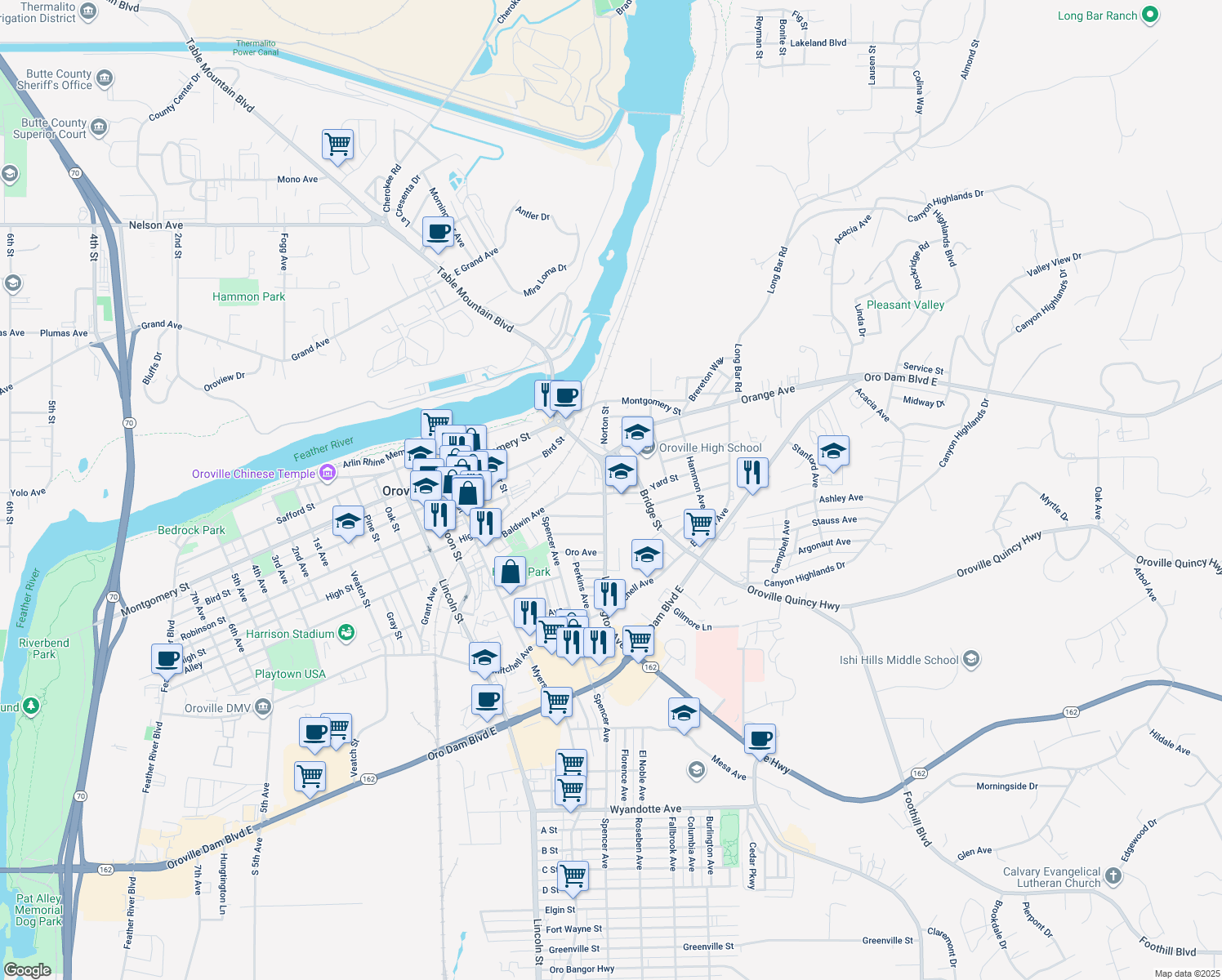map of restaurants, bars, coffee shops, grocery stores, and more near 1685 Washington Ave in Oroville