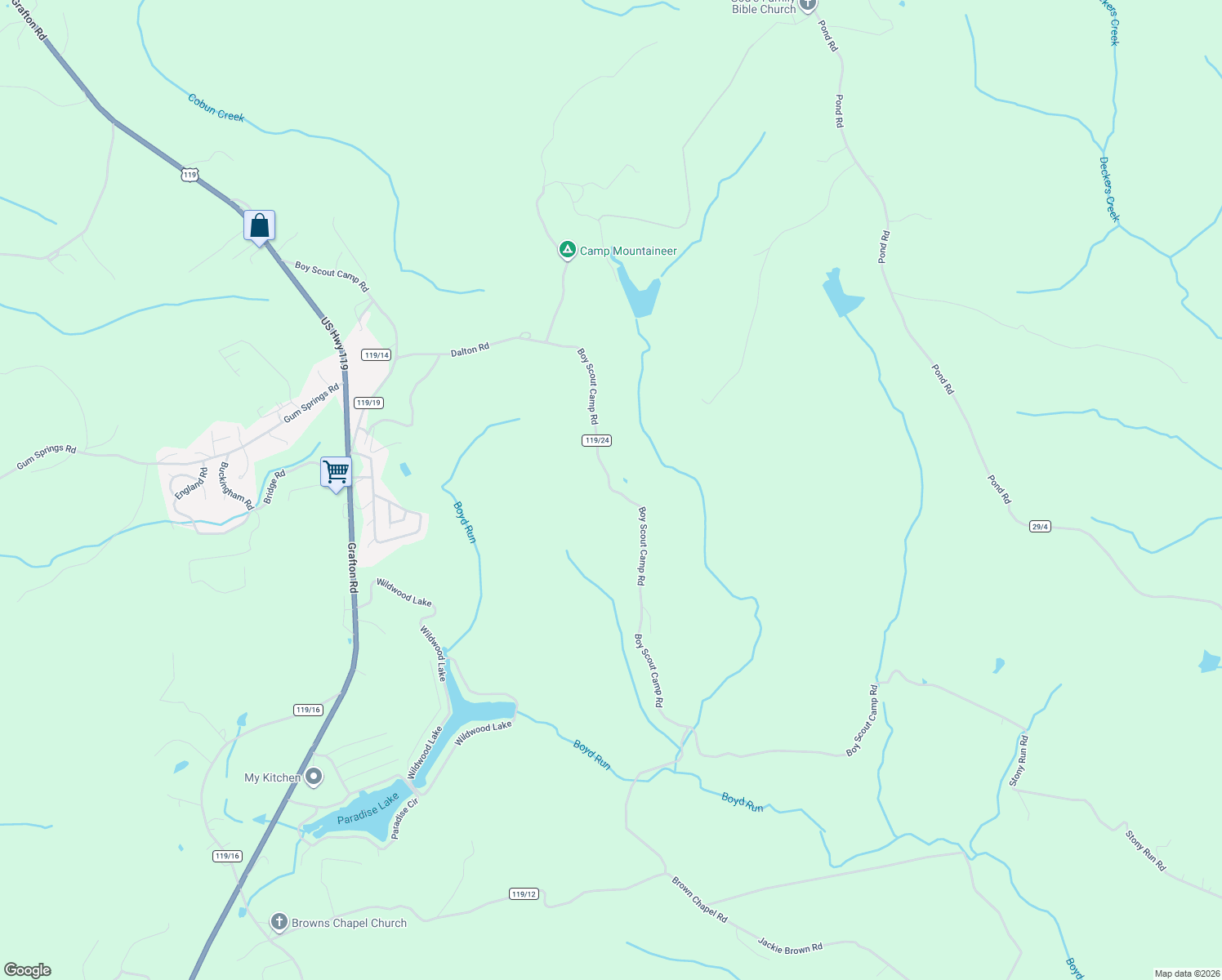 map of restaurants, bars, coffee shops, grocery stores, and more near Boy Scout Camp Road in Monongalia County