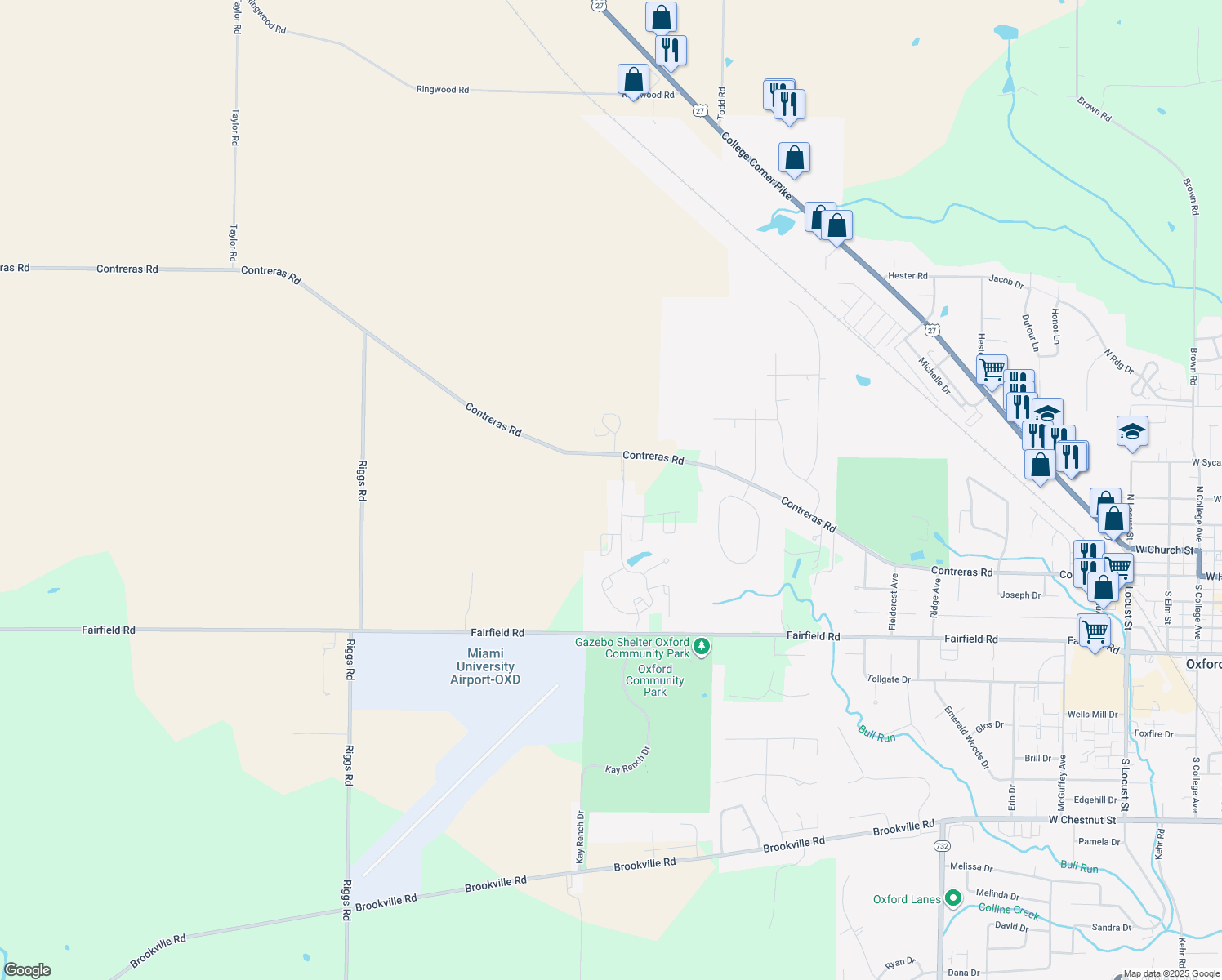map of restaurants, bars, coffee shops, grocery stores, and more near 6747 Contreras Road in Oxford