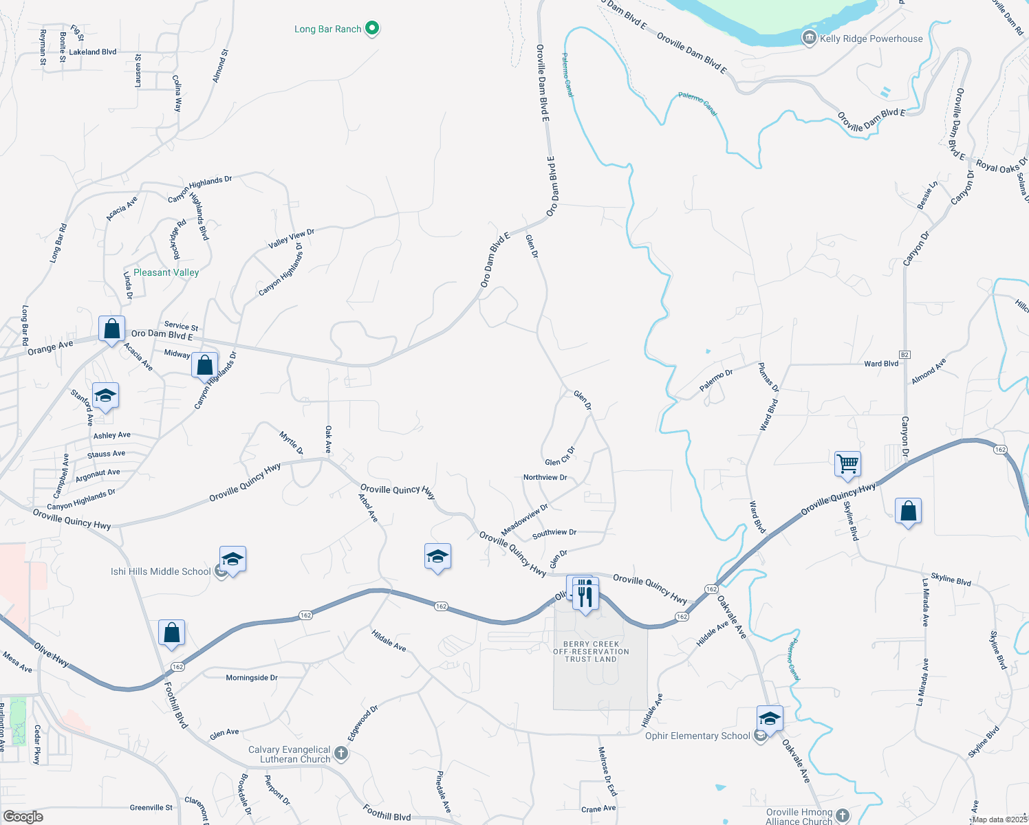 map of restaurants, bars, coffee shops, grocery stores, and more near 20 Glen Circle Drive in Oroville