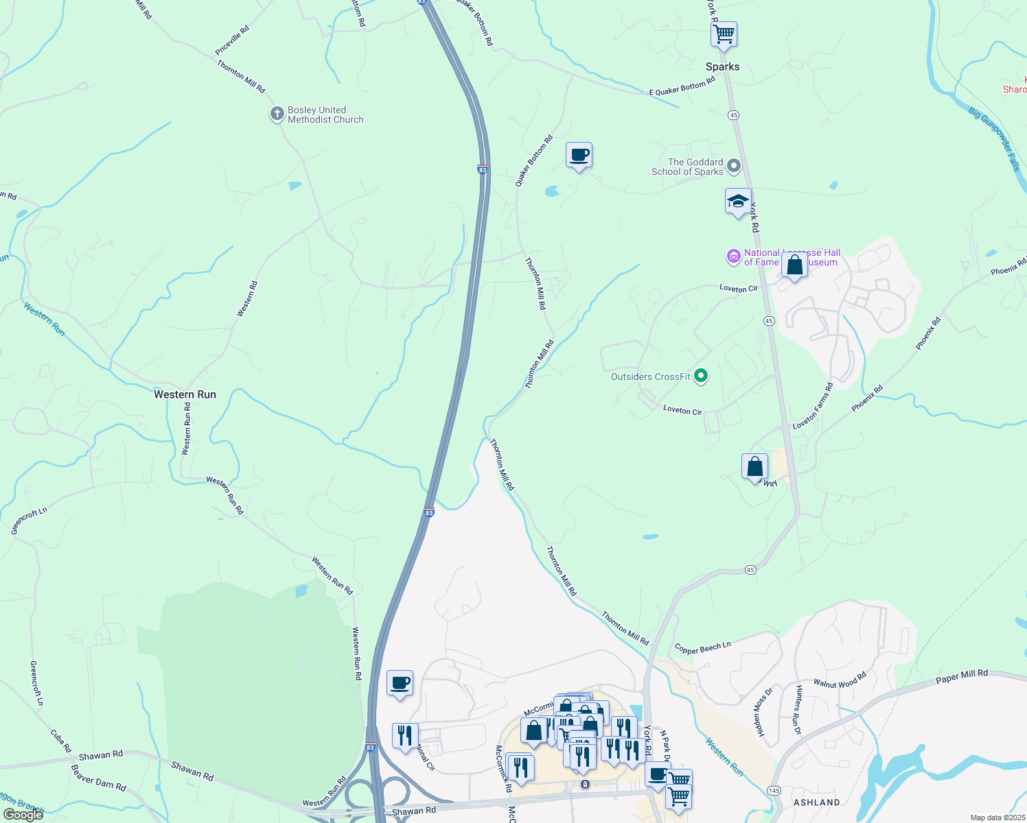 map of restaurants, bars, coffee shops, grocery stores, and more near 14215 Thornton Mill Road in Sparks Glencoe