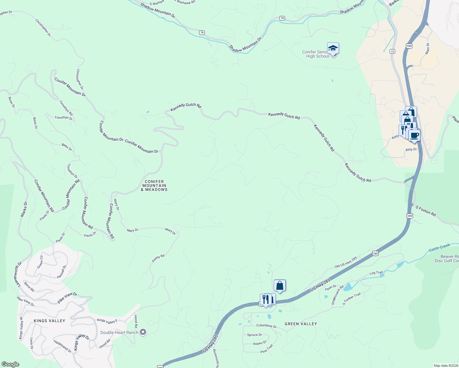 map of restaurants, bars, coffee shops, grocery stores, and more near 11173 Barney Gulch Road in Conifer