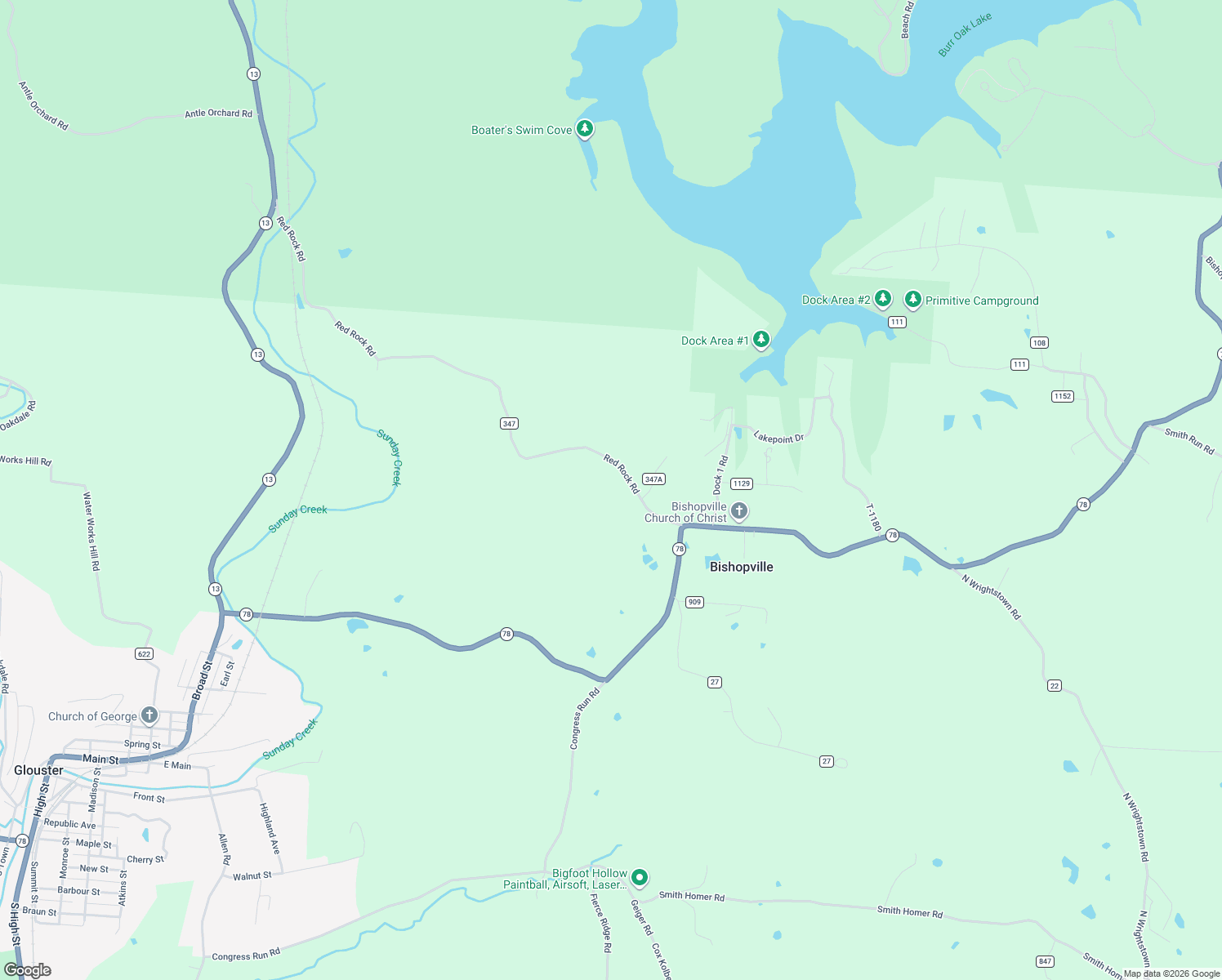map of restaurants, bars, coffee shops, grocery stores, and more near 11829 Red Rock Road in Glouster