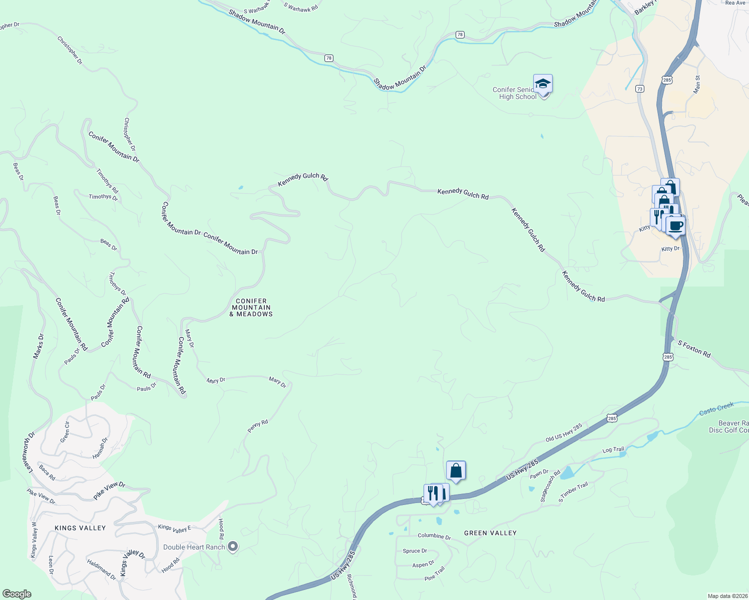 map of restaurants, bars, coffee shops, grocery stores, and more near 11173 Barney Gulch Road in Conifer