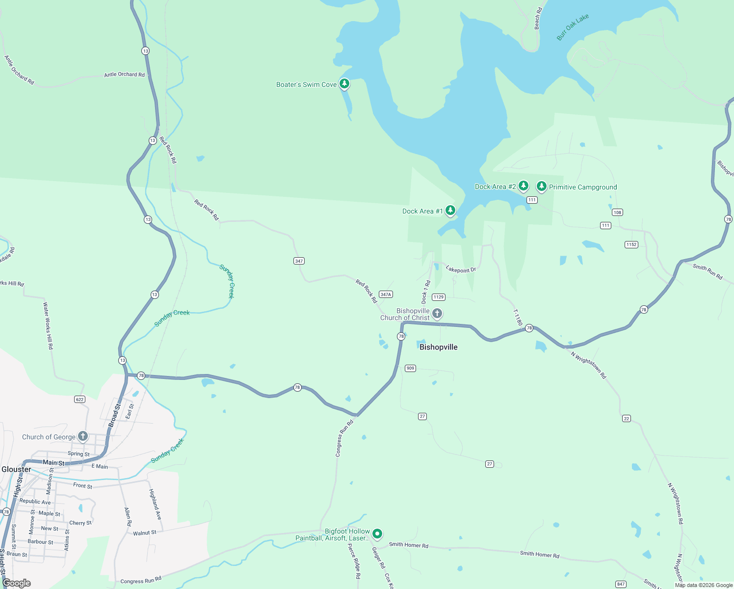 map of restaurants, bars, coffee shops, grocery stores, and more near 11829 Red Rock Road in Glouster