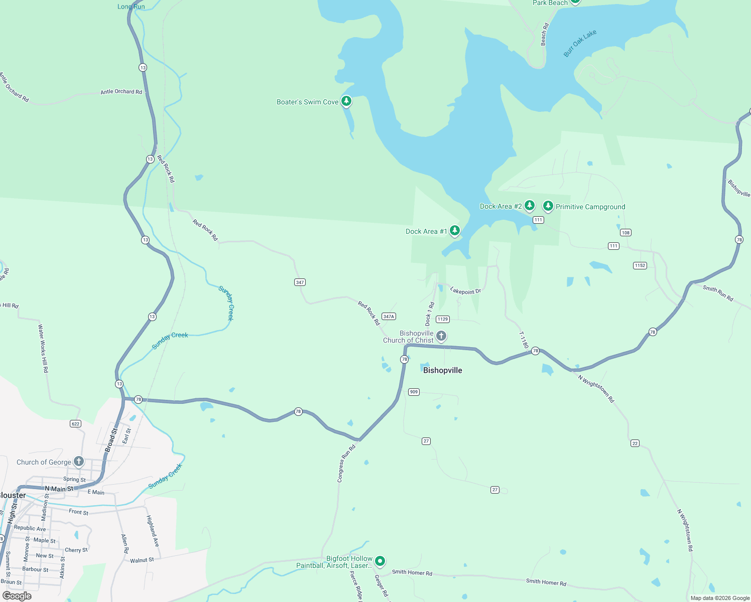 map of restaurants, bars, coffee shops, grocery stores, and more near 11824 Red Rock Road in Glouster