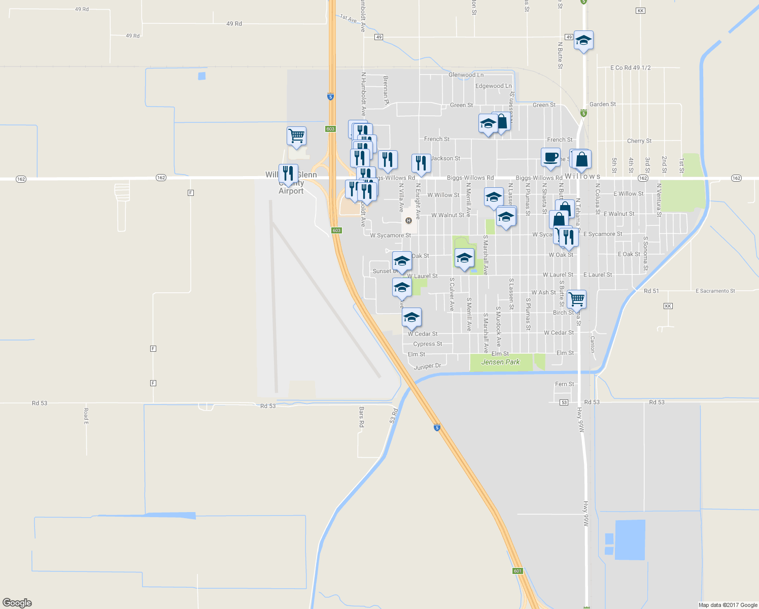 map of restaurants, bars, coffee shops, grocery stores, and more near 430 El Dorado Avenue in Willows