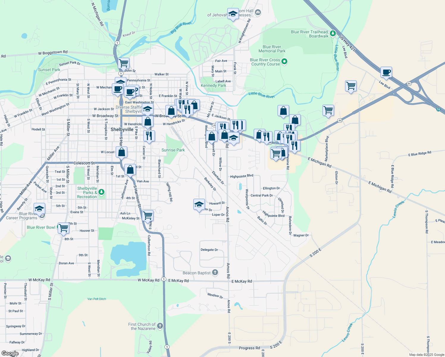 map of restaurants, bars, coffee shops, grocery stores, and more near 614 Willow Drive in Shelbyville