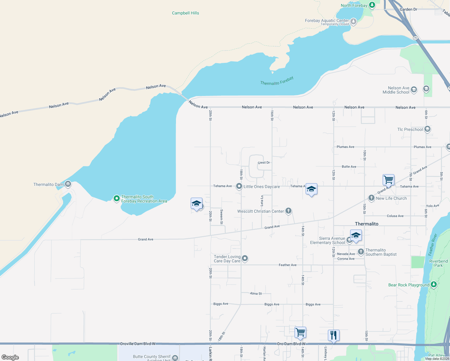 map of restaurants, bars, coffee shops, grocery stores, and more near 1882 Tehama Avenue in Oroville