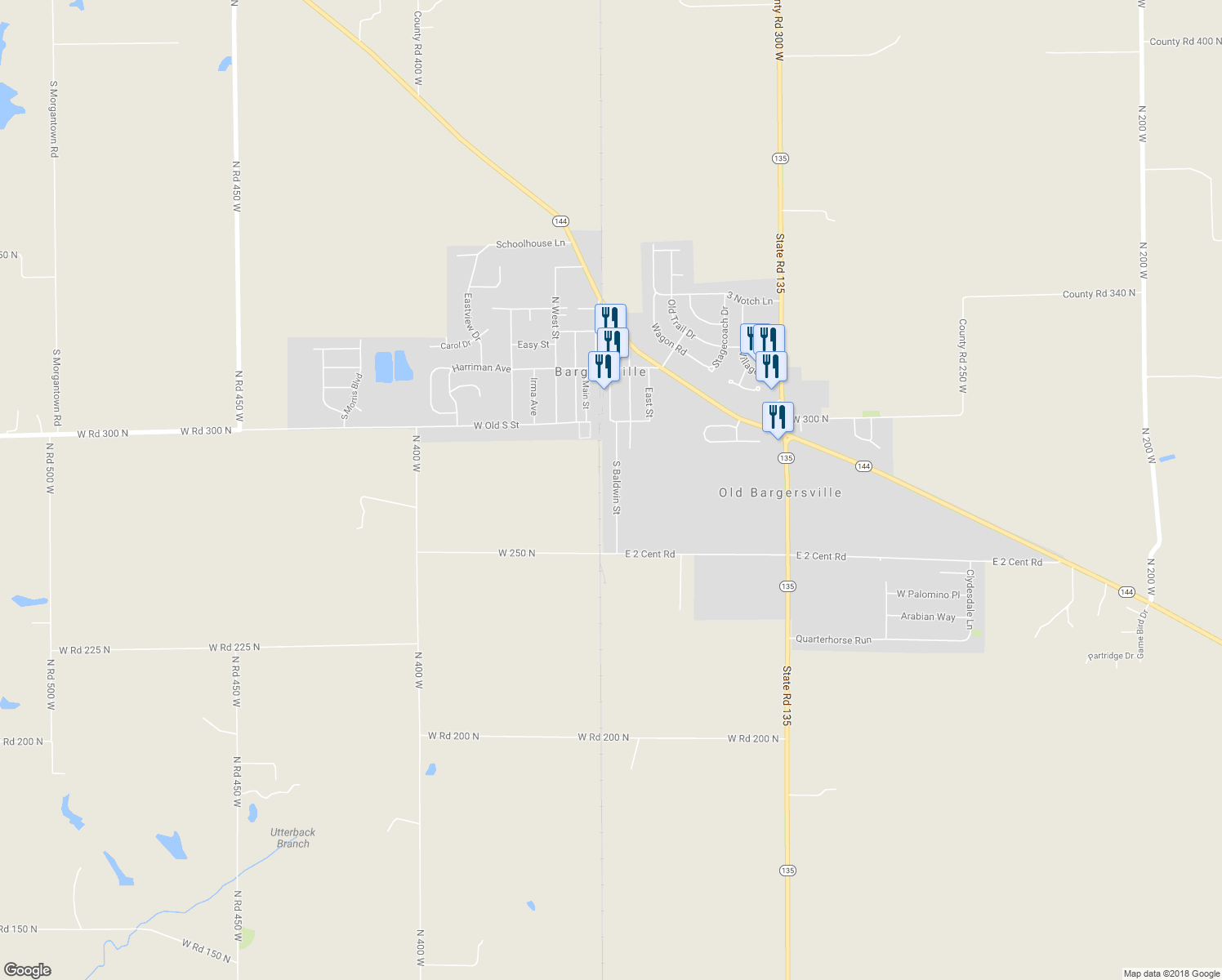 map of restaurants, bars, coffee shops, grocery stores, and more near 356 S Baldwin St in Bargersville