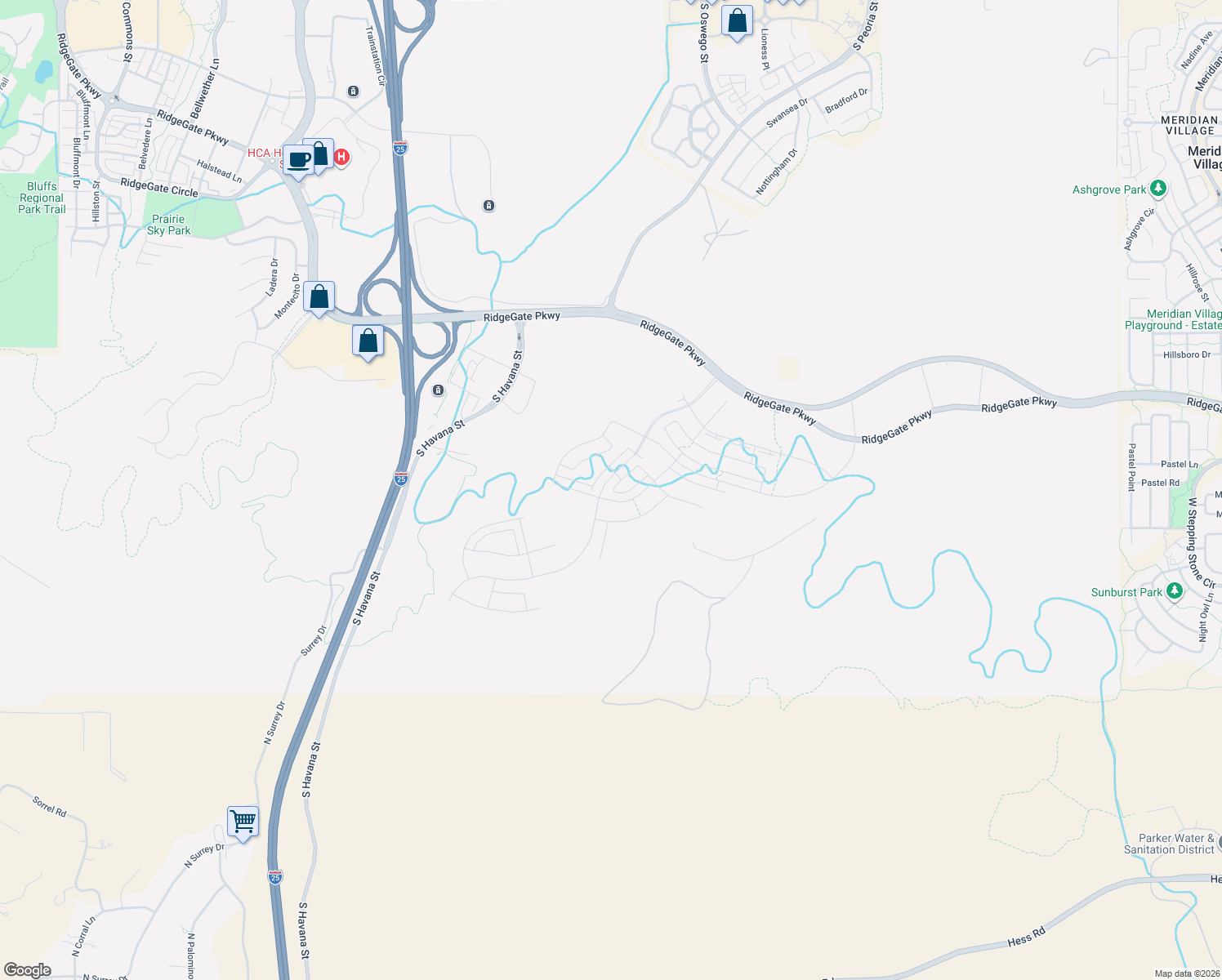 map of restaurants, bars, coffee shops, grocery stores, and more near 11427 Alla Breve Circle in Parker