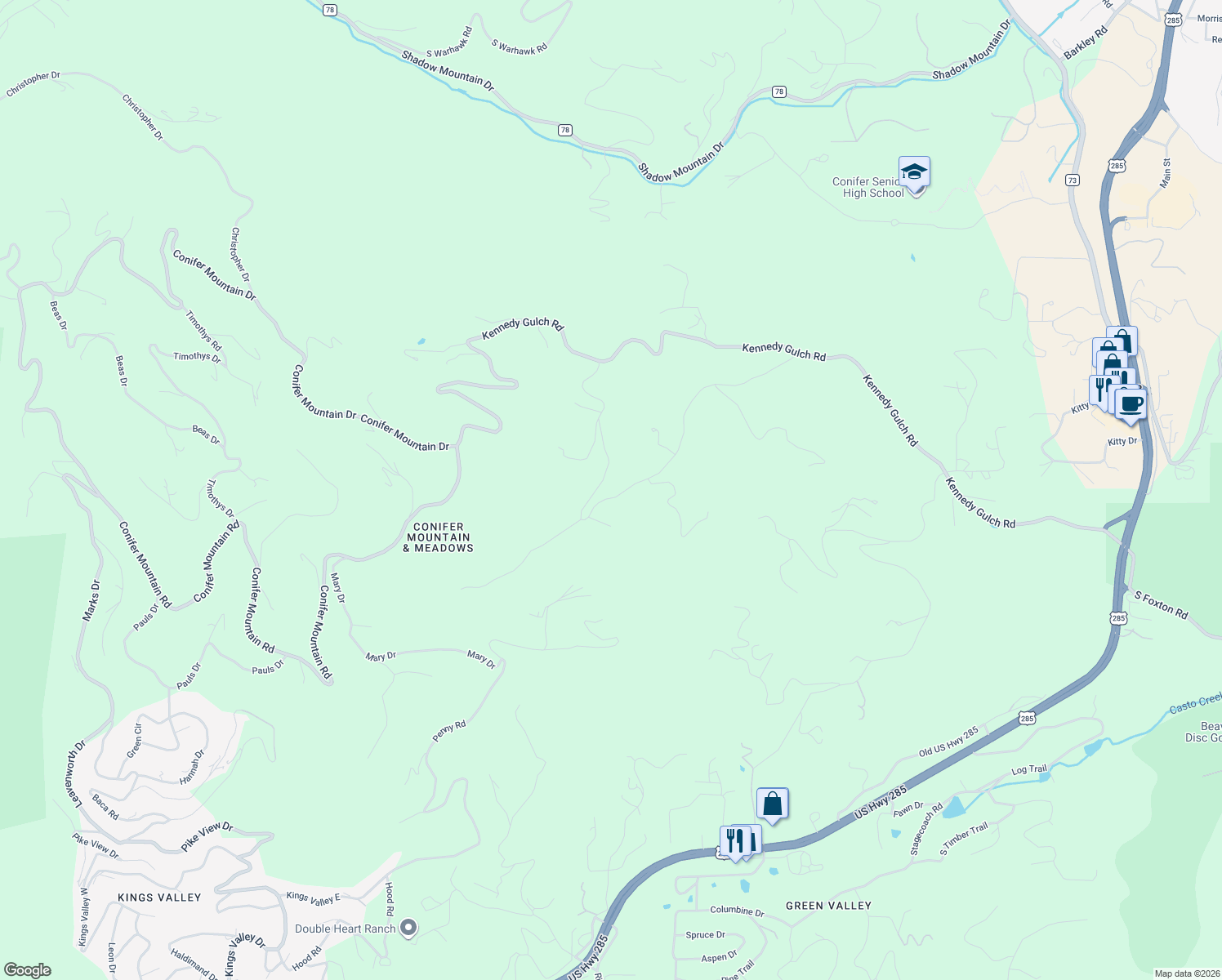 map of restaurants, bars, coffee shops, grocery stores, and more near 11182 Barney Gulch Road in Conifer