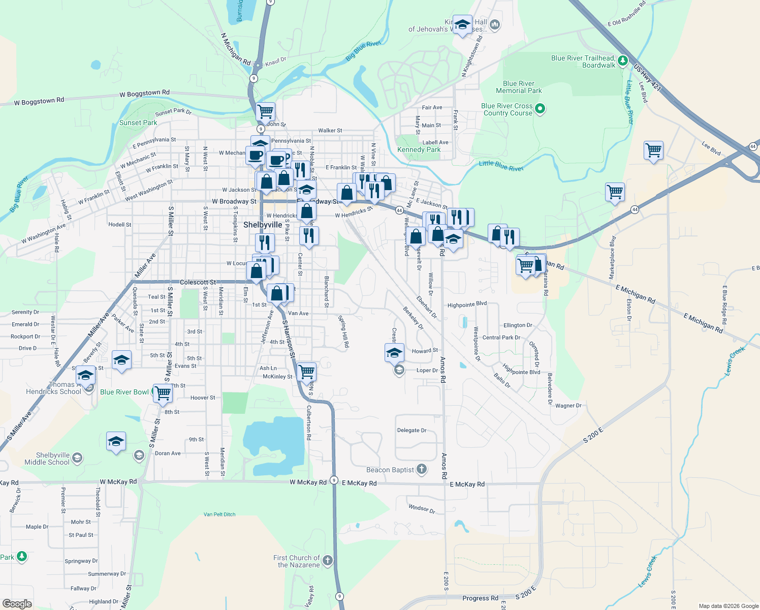 map of restaurants, bars, coffee shops, grocery stores, and more near 522 Howard St in Shelbyville