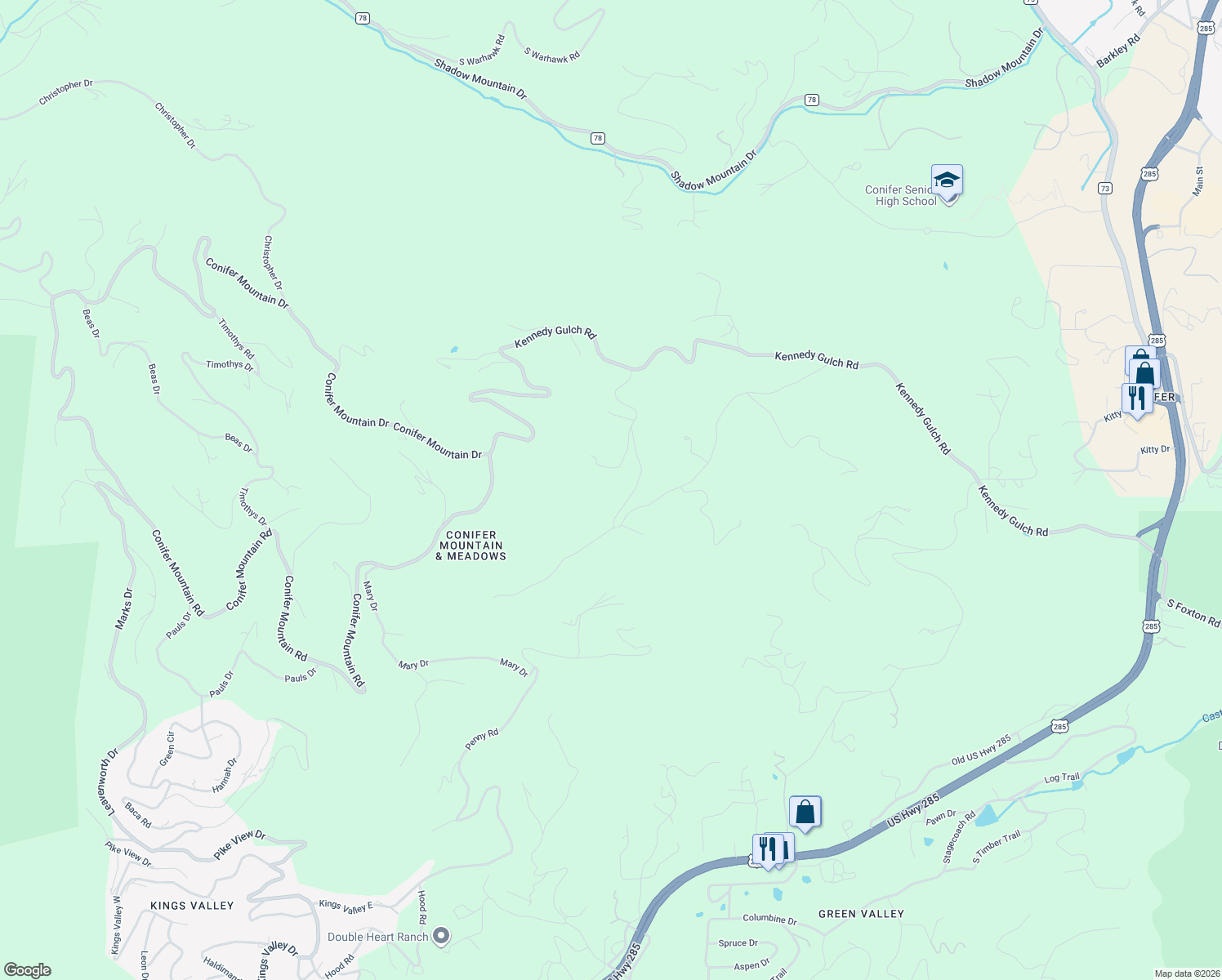map of restaurants, bars, coffee shops, grocery stores, and more near 10902 Barney Gulch Road in Conifer
