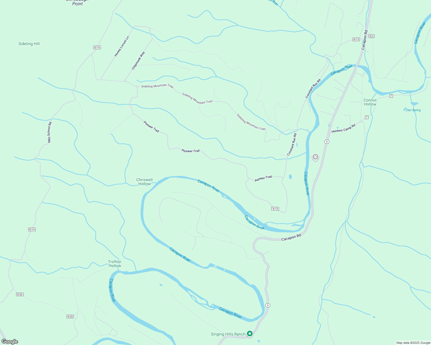 map of restaurants, bars, coffee shops, grocery stores, and more near 519 Pioneer Trail in Great Cacapon