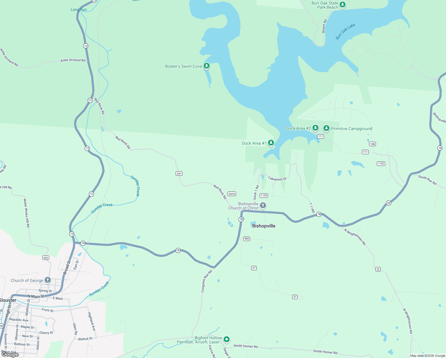 map of restaurants, bars, coffee shops, grocery stores, and more near 11824 Red Rock Road in Glouster