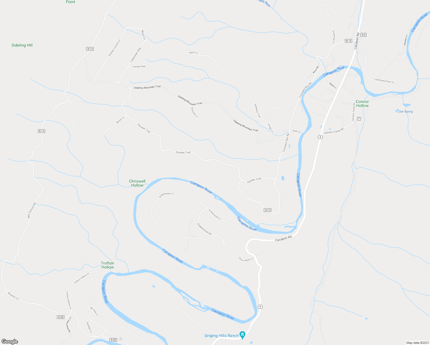 map of restaurants, bars, coffee shops, grocery stores, and more near 519 Pioneer Trail in Great Cacapon