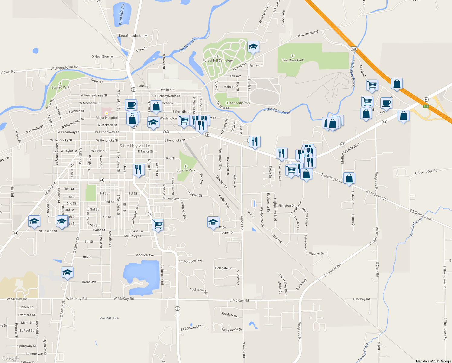 map of restaurants, bars, coffee shops, grocery stores, and more near 517 Roosevelt Drive in Shelbyville