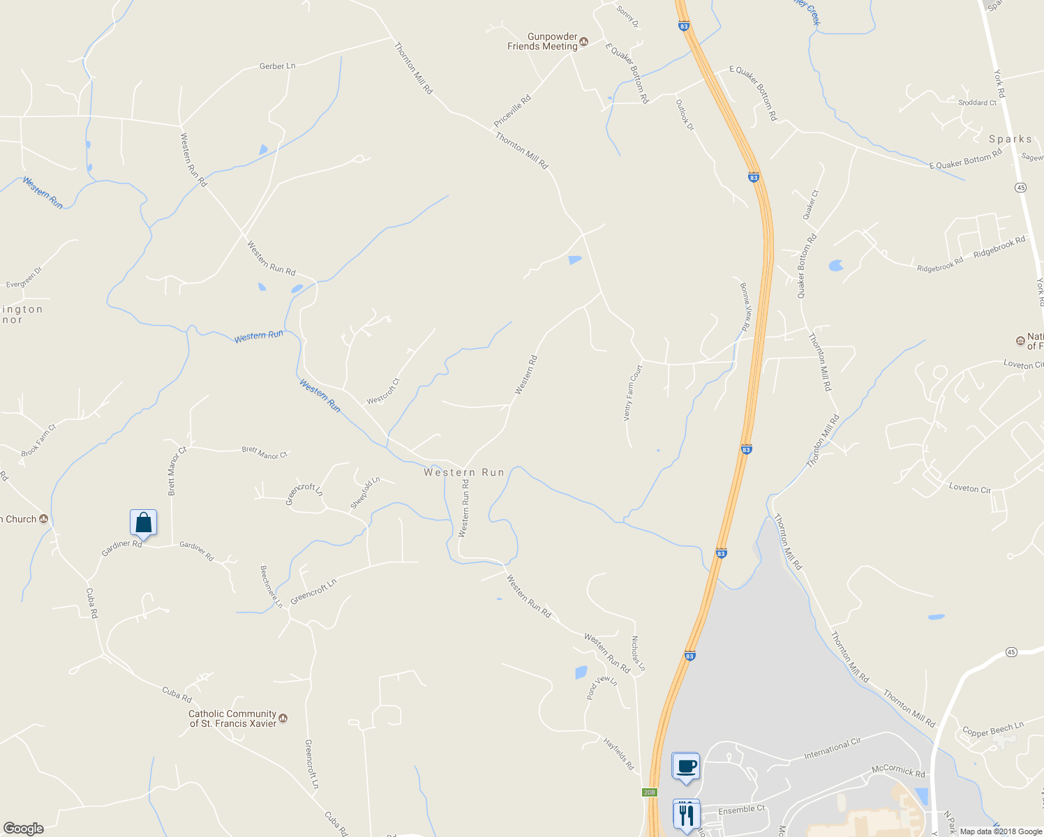 map of restaurants, bars, coffee shops, grocery stores, and more near 14490 Western Road in Cockeysville