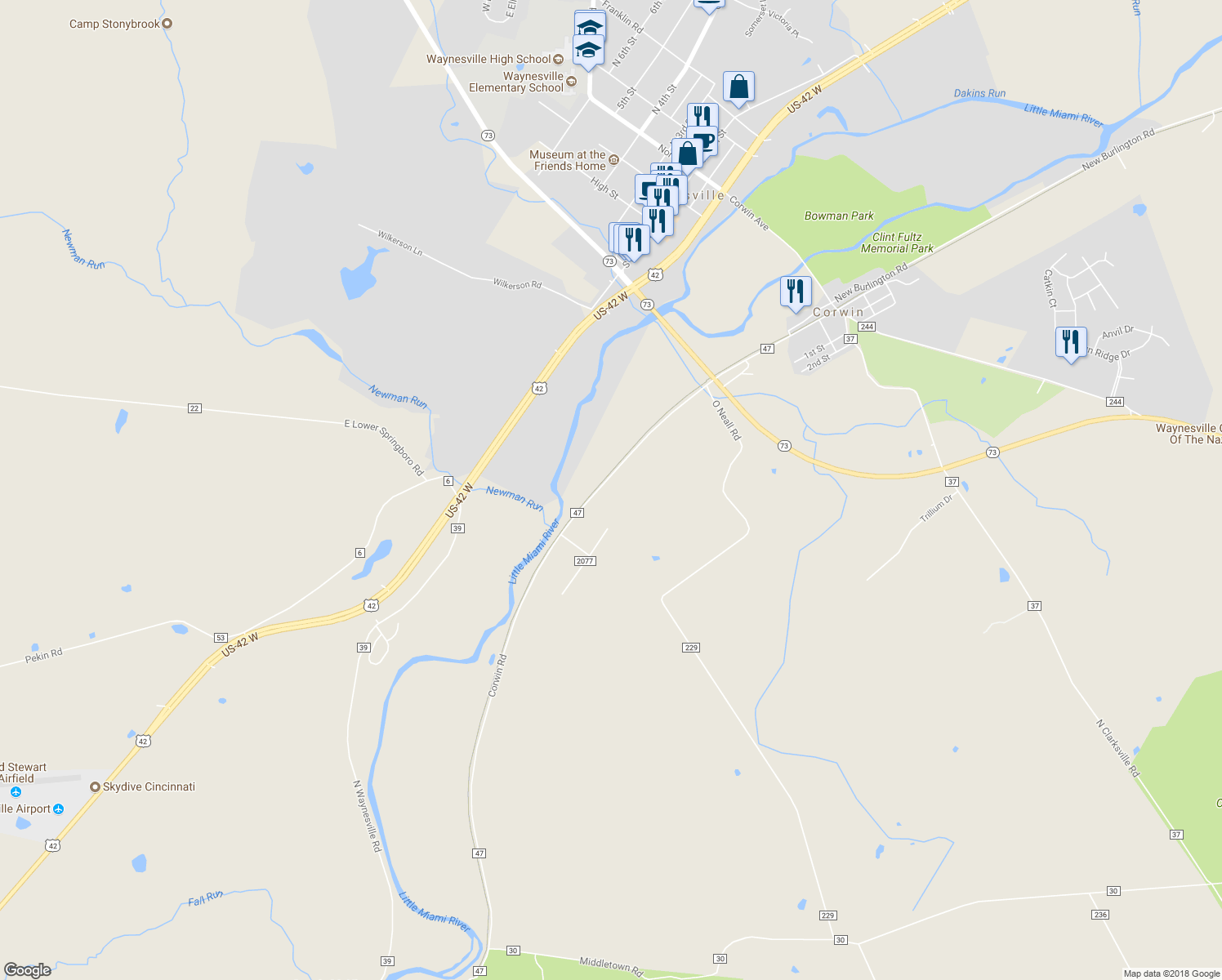 map of restaurants, bars, coffee shops, grocery stores, and more near 5858 Corwin Road in Waynesville