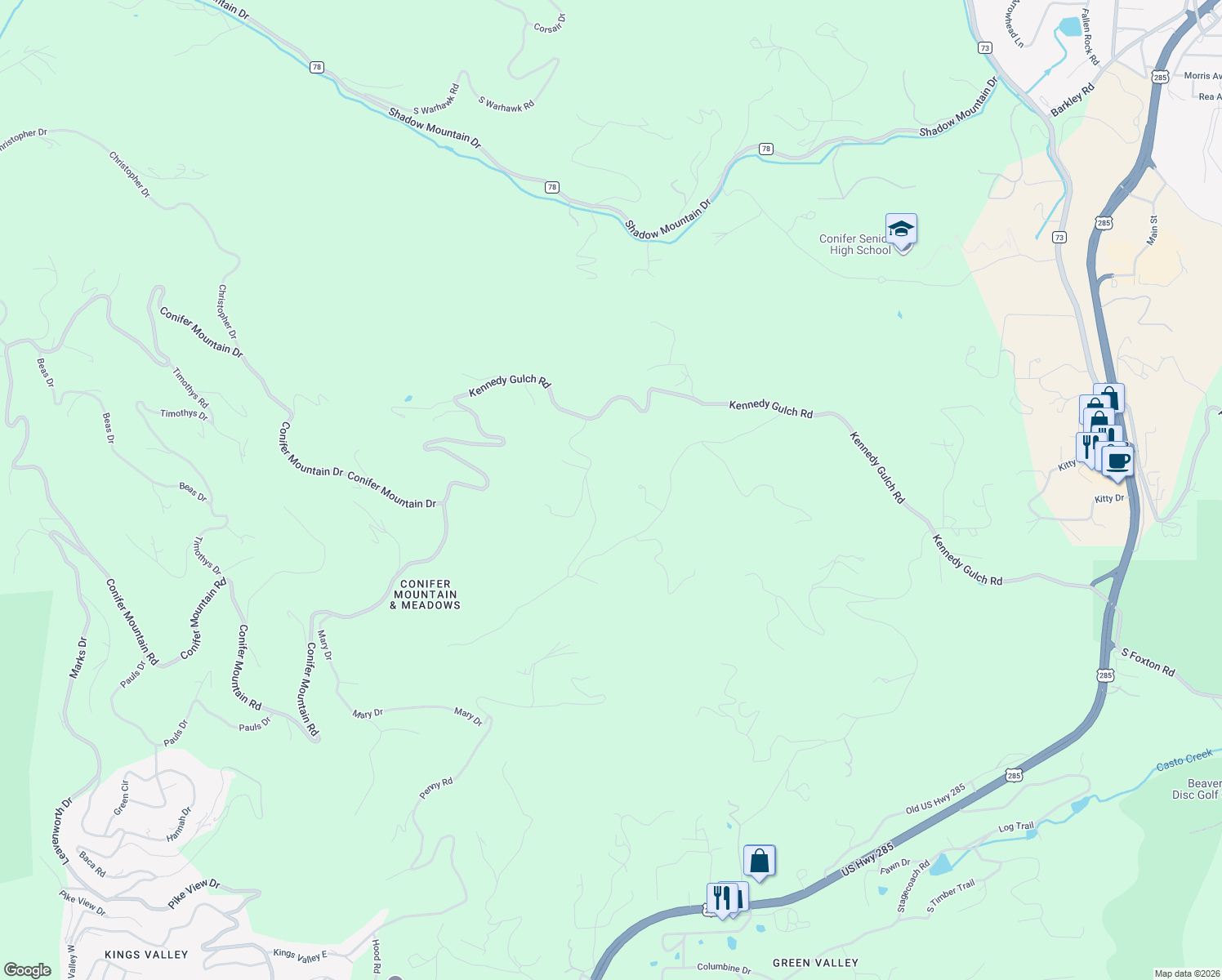 map of restaurants, bars, coffee shops, grocery stores, and more near 10902 Barney Gulch Road in Conifer