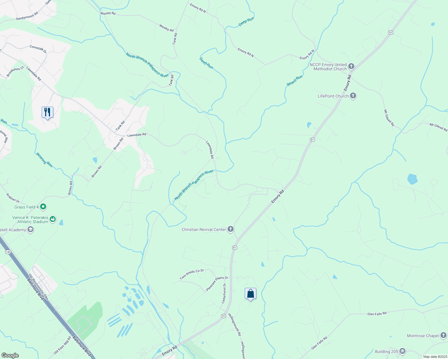 map of restaurants, bars, coffee shops, grocery stores, and more near 3338 Lawndale Road in Reisterstown