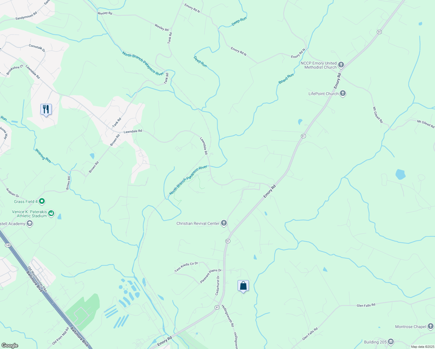 map of restaurants, bars, coffee shops, grocery stores, and more near 3338 Lawndale Road in Reisterstown
