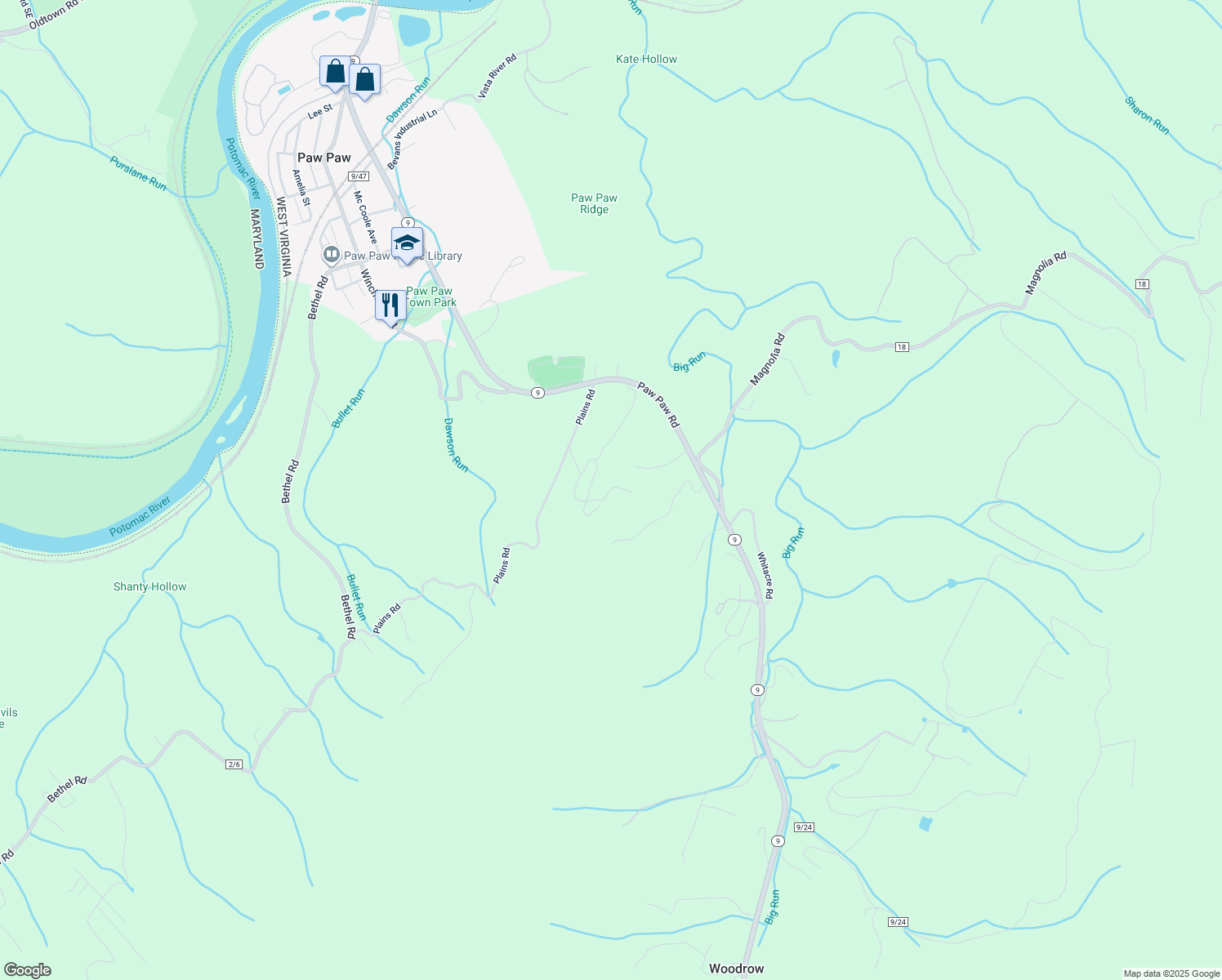 map of restaurants, bars, coffee shops, grocery stores, and more near 448 Elise Lane in Paw Paw