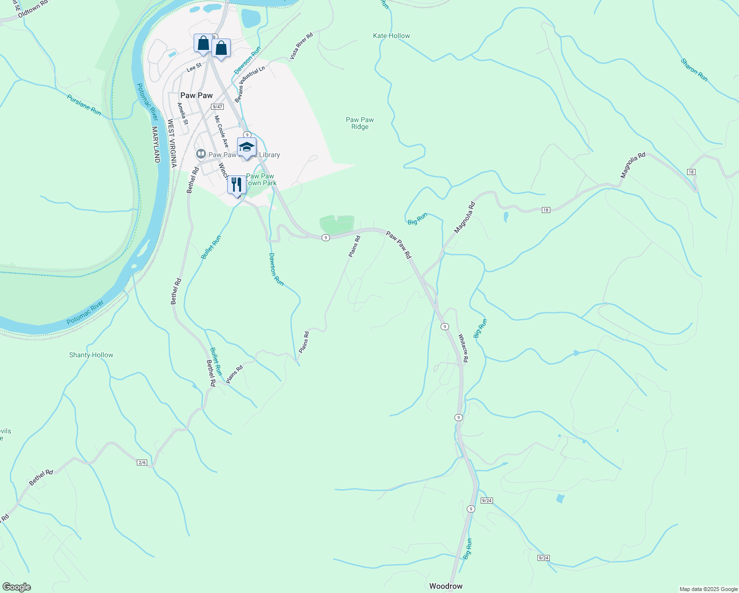 map of restaurants, bars, coffee shops, grocery stores, and more near 448 Elise Lane in Paw Paw