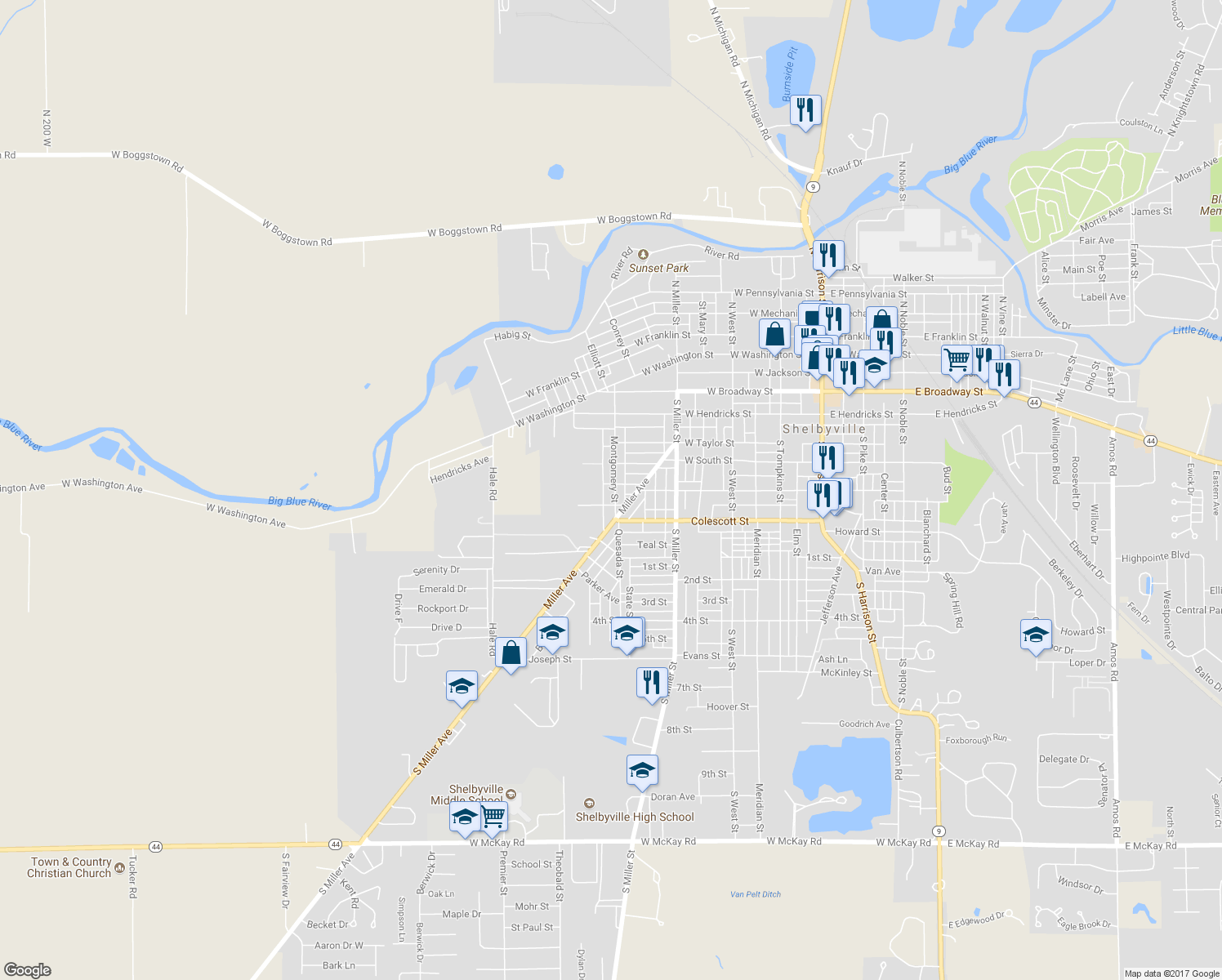 map of restaurants, bars, coffee shops, grocery stores, and more near 705 Montgomery Street in Shelbyville