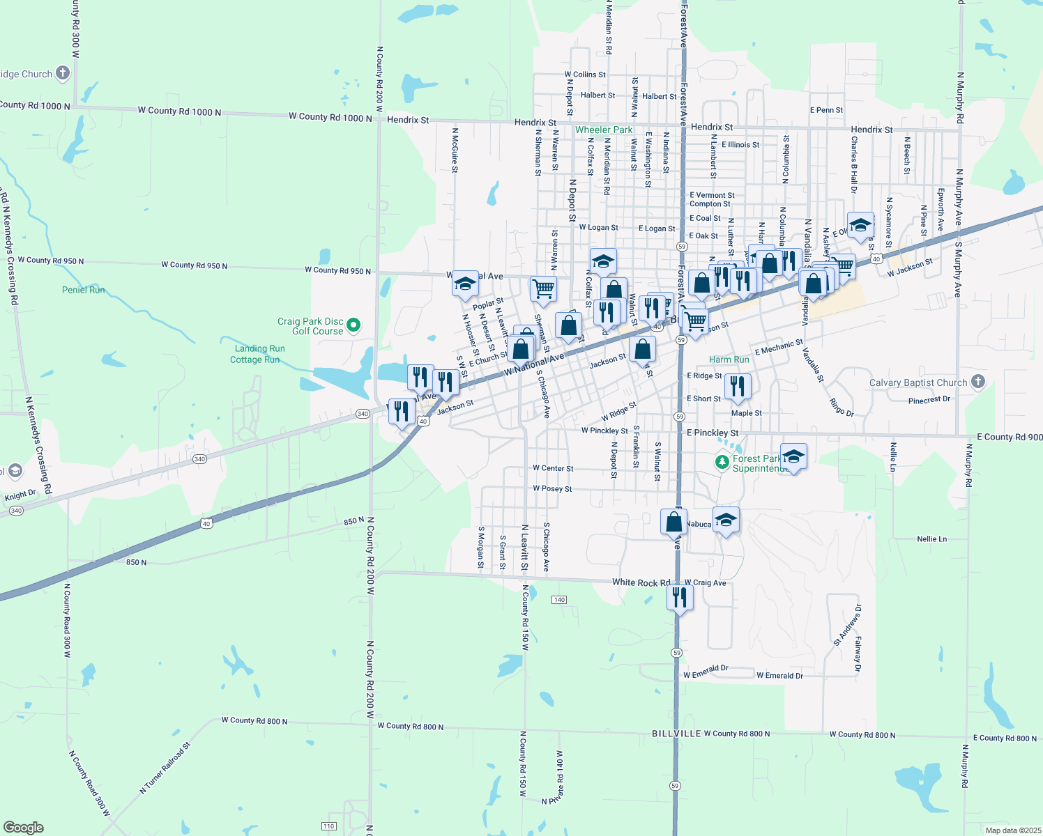 map of restaurants, bars, coffee shops, grocery stores, and more near 220 South Leavitt Street in Brazil