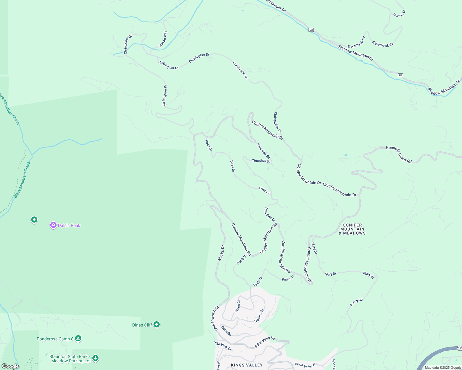 map of restaurants, bars, coffee shops, grocery stores, and more near 10855 Beas Drive in Conifer