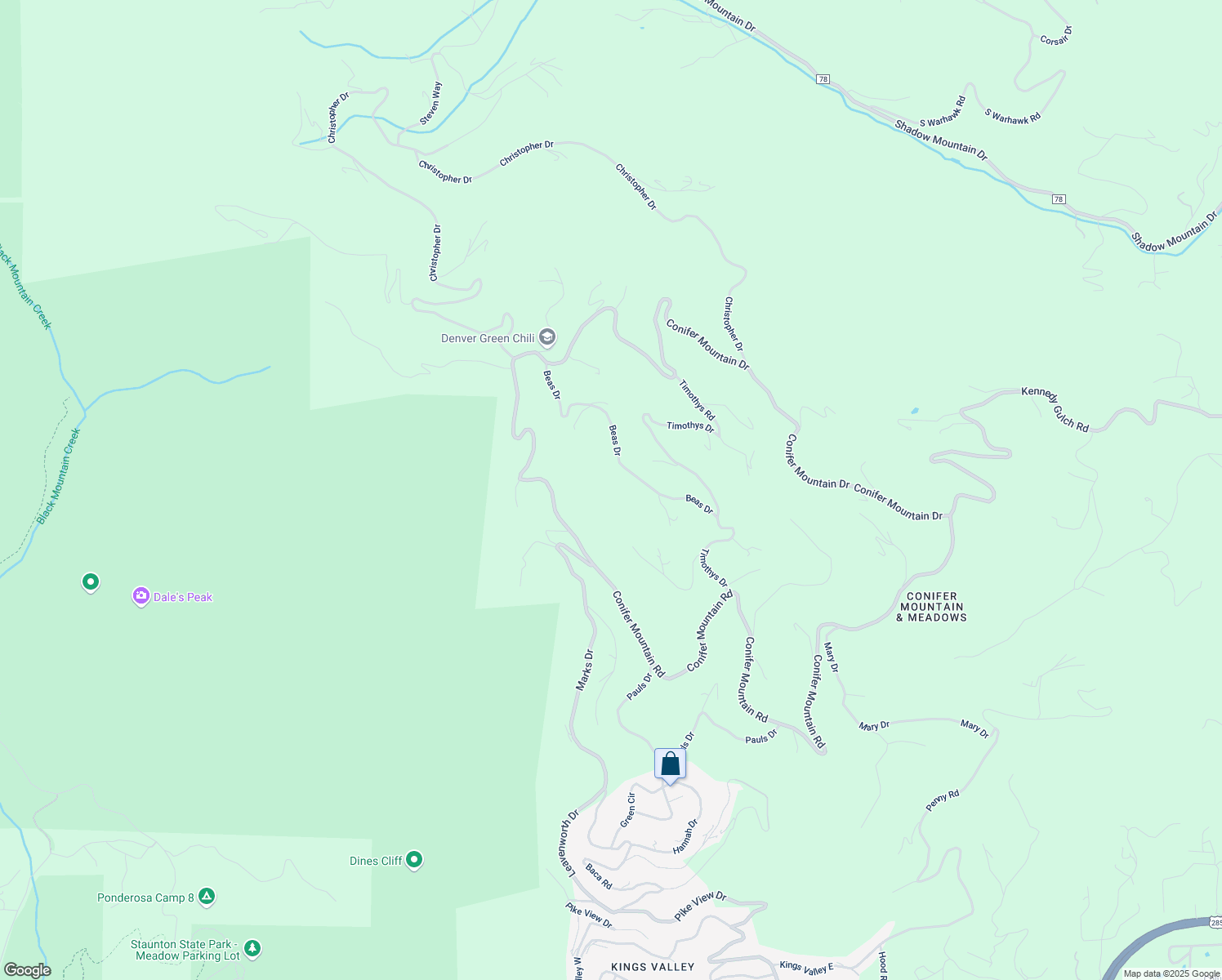 map of restaurants, bars, coffee shops, grocery stores, and more near 10855 Beas Drive in Conifer