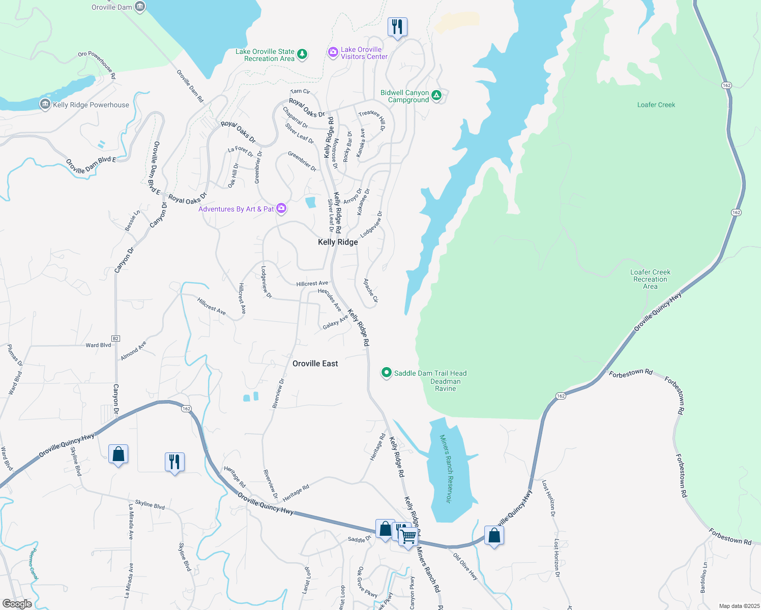 map of restaurants, bars, coffee shops, grocery stores, and more near 142 Apache Circle in Oroville