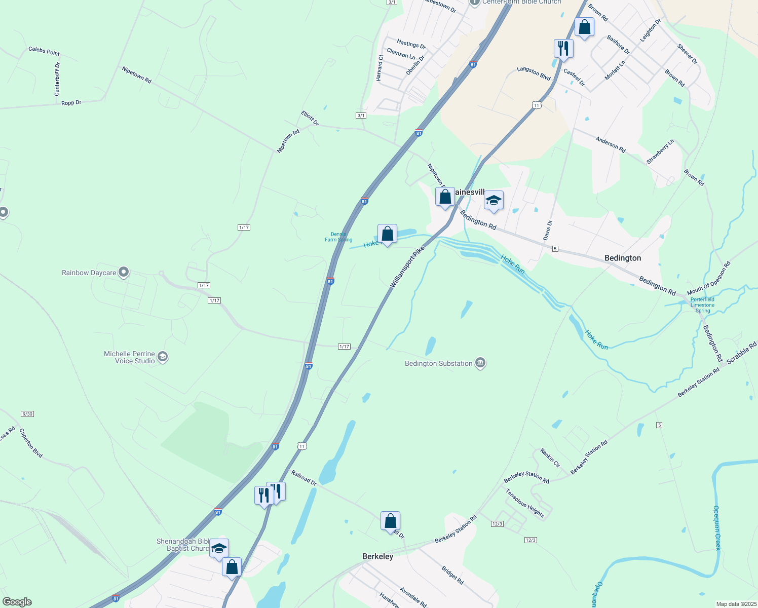 map of restaurants, bars, coffee shops, grocery stores, and more near 14 Kodiak Drive in Martinsburg