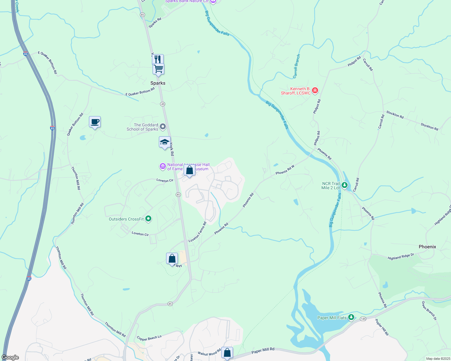 map of restaurants, bars, coffee shops, grocery stores, and more near 33 English Run Circle in Sparks Glencoe