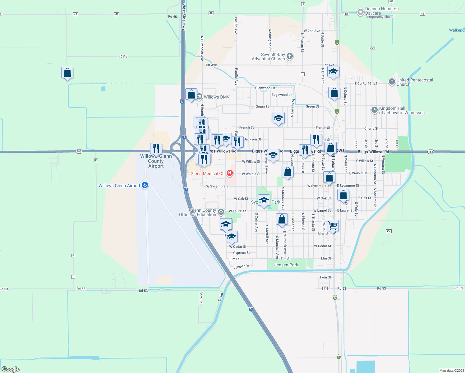 map of restaurants, bars, coffee shops, grocery stores, and more near 1134 West Sycamore Street in Willows