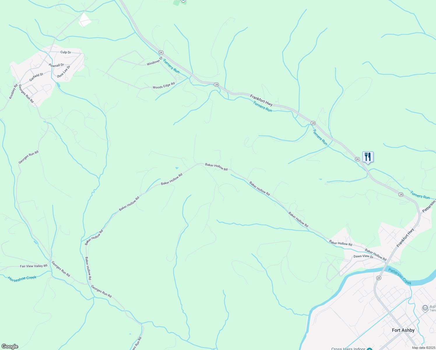 map of restaurants, bars, coffee shops, grocery stores, and more near 1533 Baker Hollow Road in Ridgeley